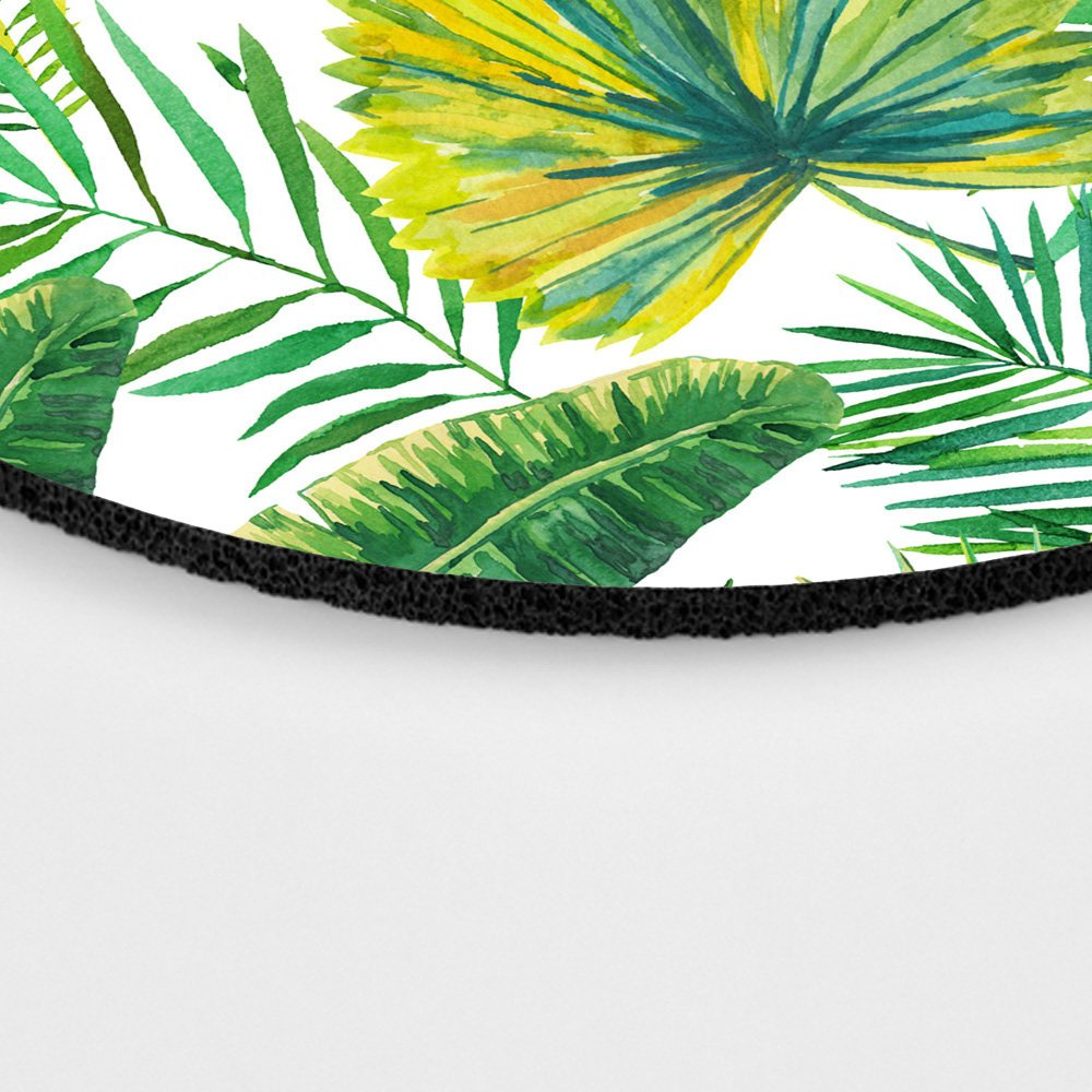 Green Palm Leaves Round Mouse Pad - Non-Slip Rubber Gaming Mouse Mat for PC & Laptop - Customizable Office & Home Desk Accessory