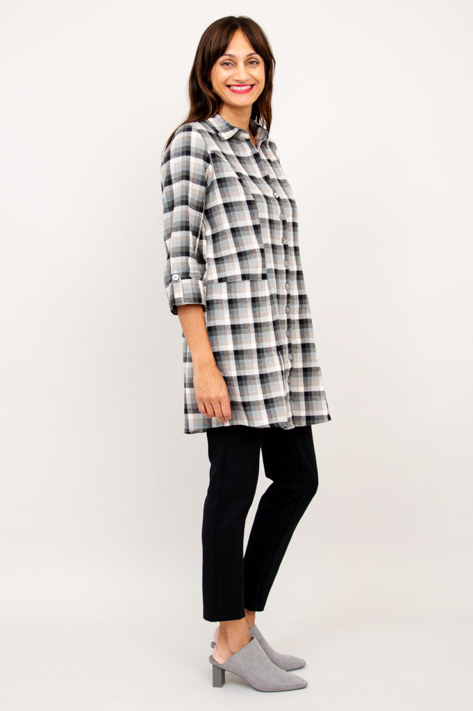 Larissa Tunic Top - Black Retro Plaid Cotton Flannel Shirt for Women | Vintage Style Fall Winter Fashion | Perfect for Casual Outfits, Office Wear & Holiday Parties