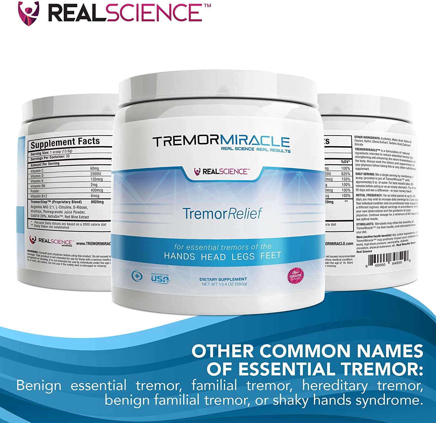 Tremor Miracle - Natural Herbal Supplement for Essential Tremor Relief in Hands, Legs, Feet & Head - 13.4 Oz Grape Flavor Powder (3 Pack) - Supports Daily Comfort & Mobility
