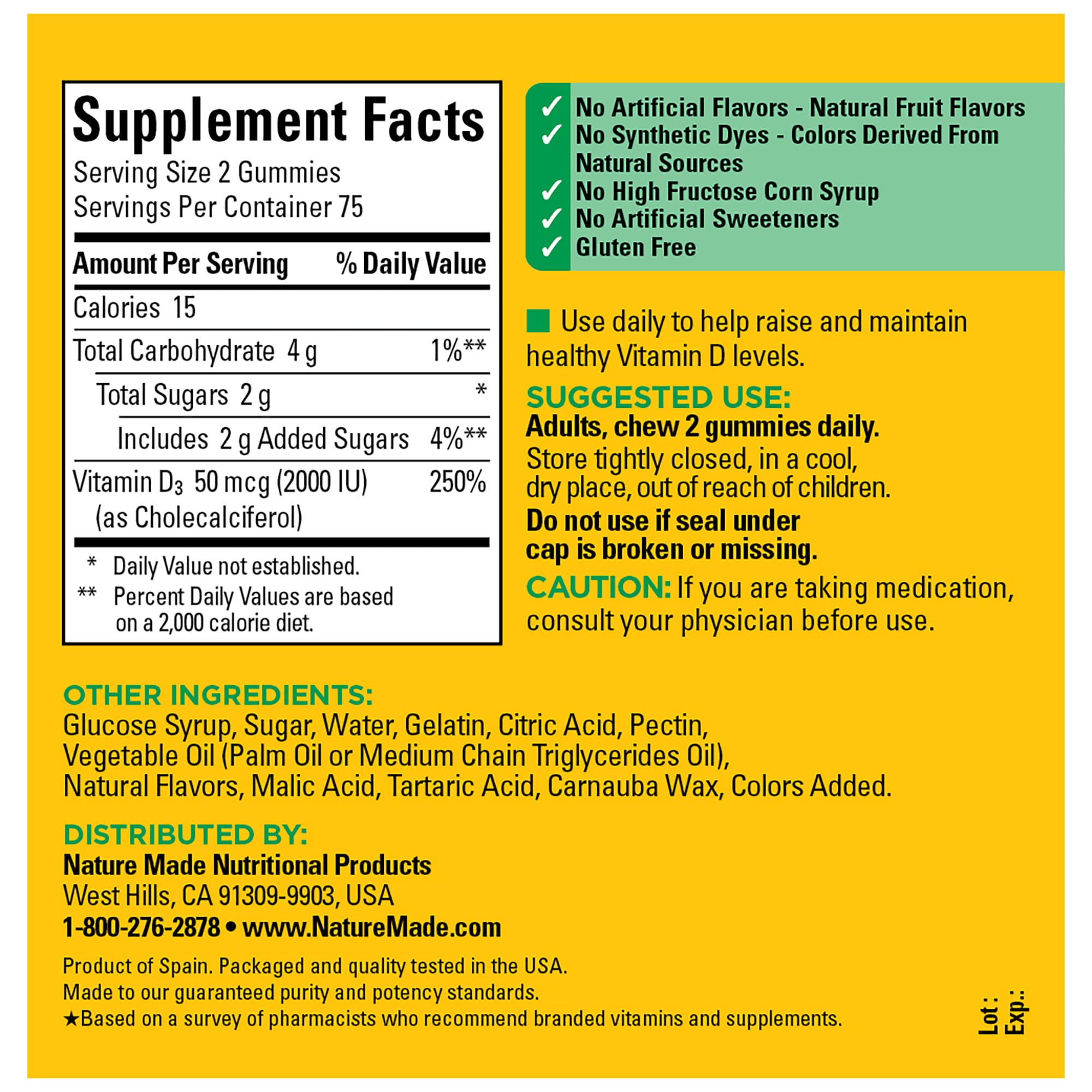 Nature Made Vitamin D3 2000 IU (50 mcg) Gummies - Bone, Teeth & Immune Support Supplement - 150 Count (75 Day Supply) - For Adults & Kids - Perfect for Daily Wellness & Immune Boosting