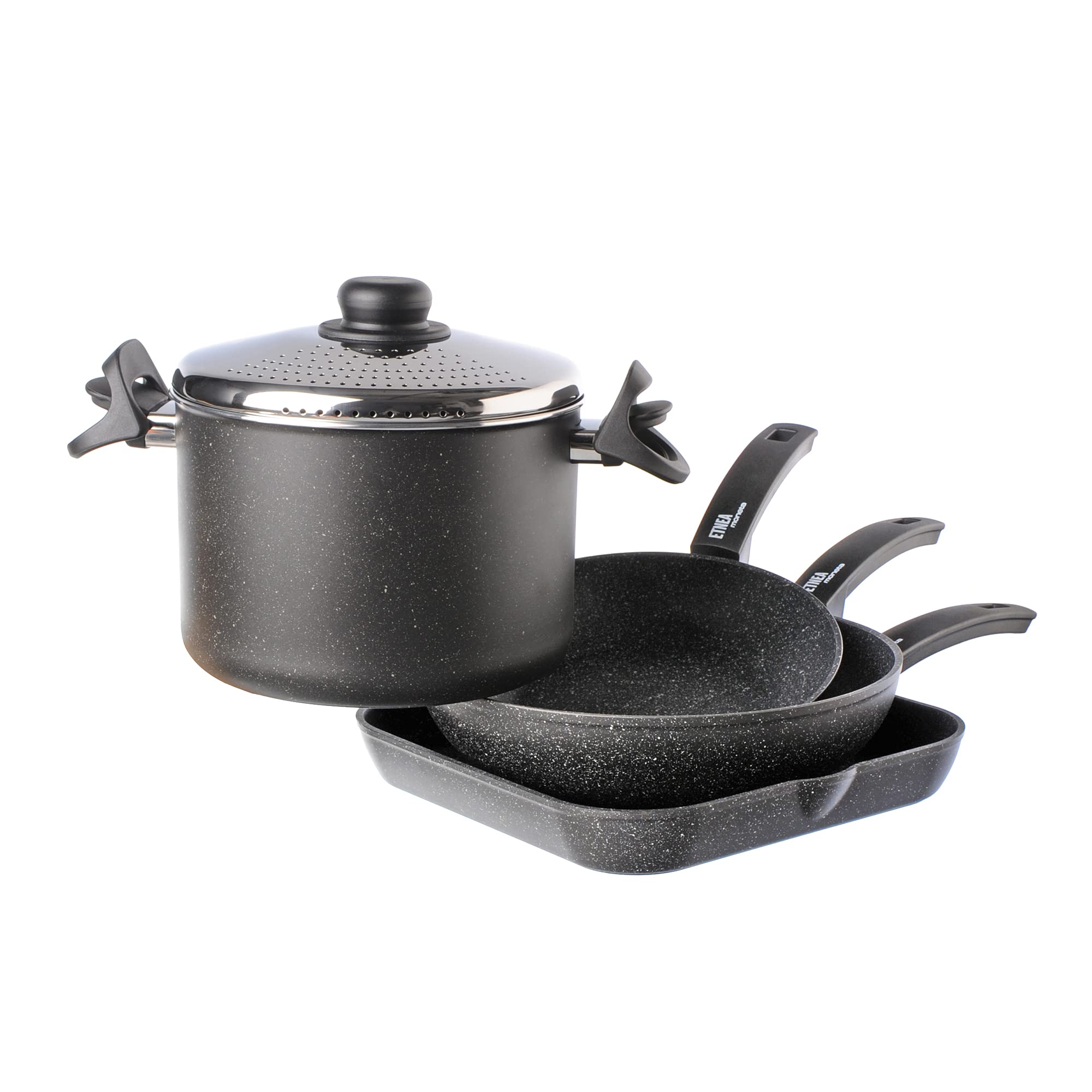 Moneta Etnea 5-Piece Smart Cookware Set - 24cm Frying Pan, 28cm Wok, 28x28cm Grill Pan, 22cm Saucepan with Lid - Nonstick Kitchen Essentials for Home Cooking, Sautéing & Stir-Frying