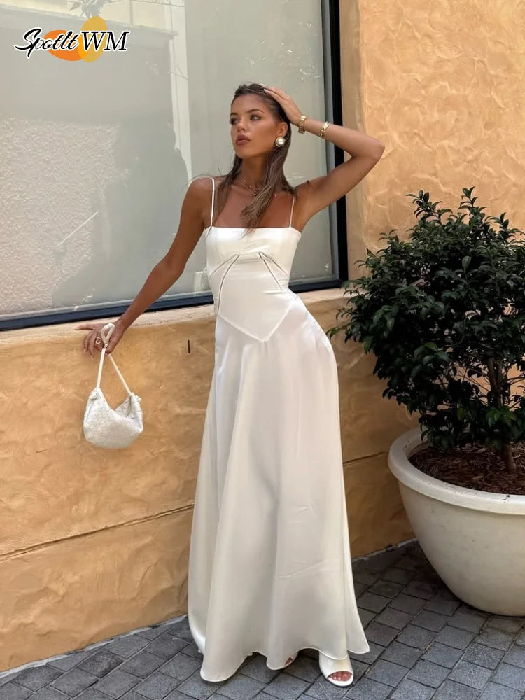 Elegant Solid Satin Ruffles Sling Long Dress for Women - Sexy Square Neck Backless Sleeveless Lace Up Party Gown | Perfect for Evening Parties, Weddings, and Special Occasions