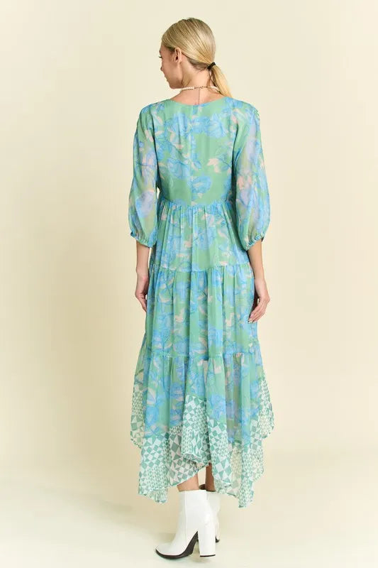 Floral Print Mixed Mint Green Tiered Midi Dress for Women - Summer Boho Chic Casual Outfit for Beach, Party & Vacation