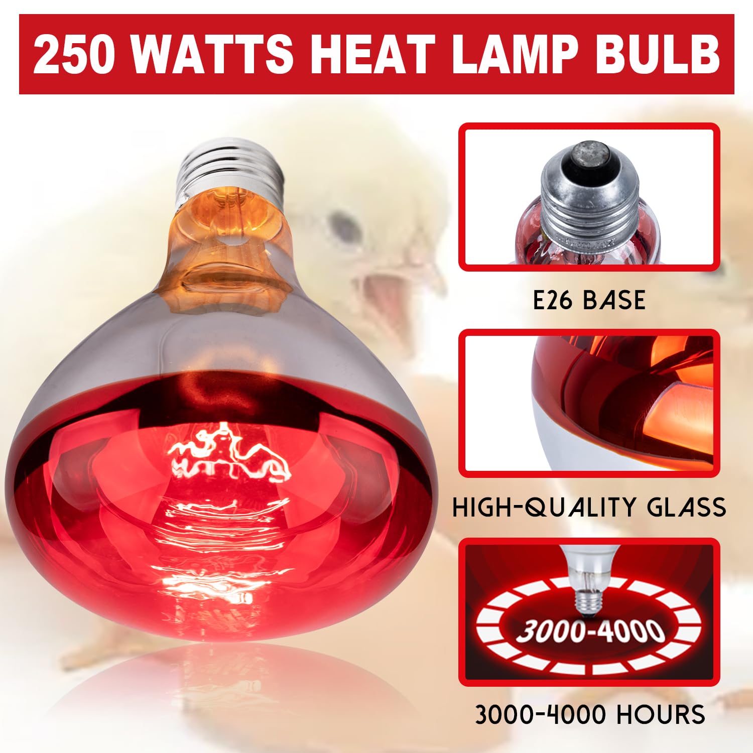 4 Pack 250W R40 Infrared Heat Lamp Bulbs - Brooder Heat Lamps for Chickens, Pet Heating, Light Therapy - Perfect for Poultry Coops, Reptile Terrariums, Bathroom Heating & Food Warming