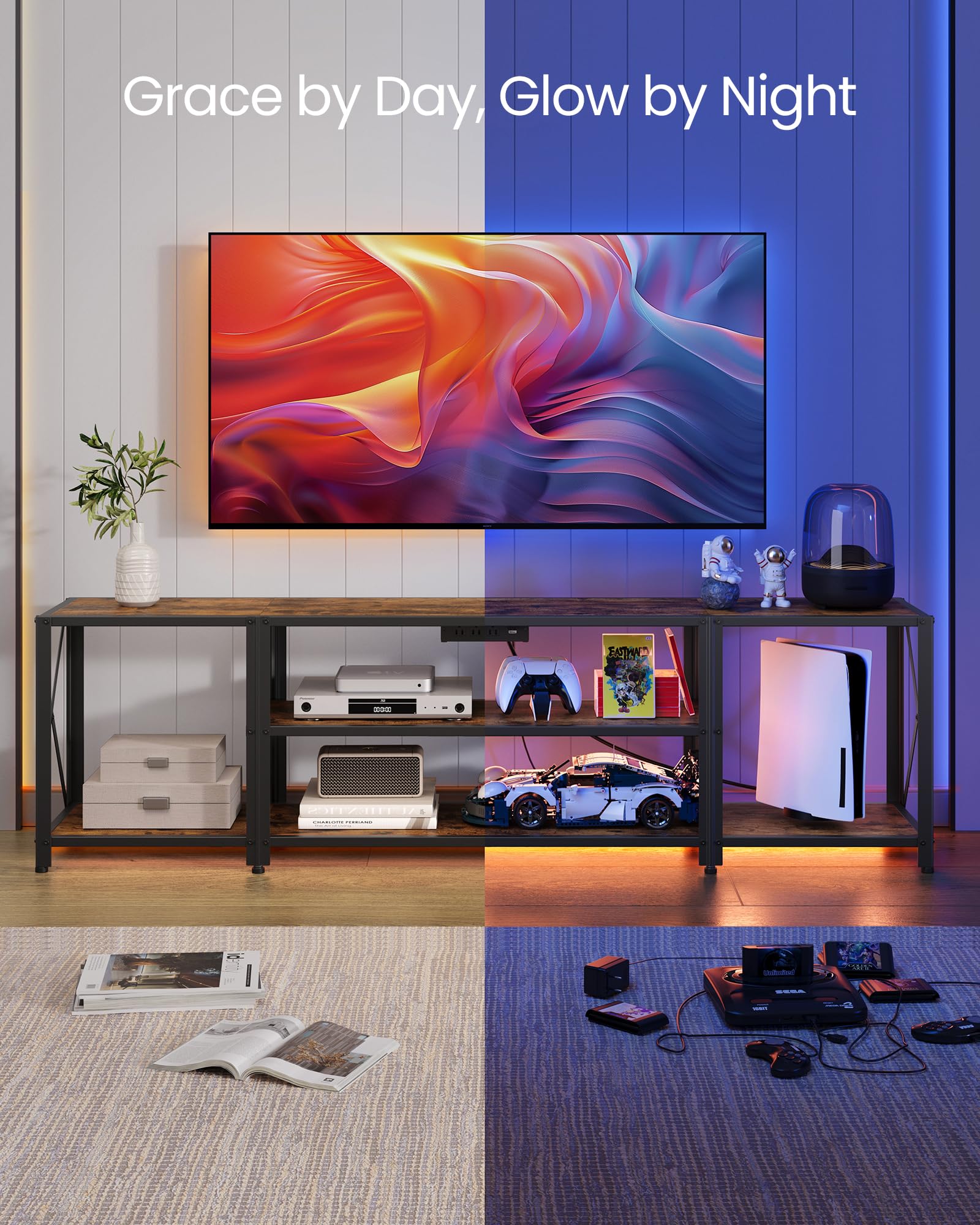 VASAGLE 60 Inch TV Stand with Power Outlets & LED Lights, Rustic Brown Entertainment Center with Open Shelves - Modern TV Console Table for Living Room, Bedroom, Home Theater - ULTV121K01
