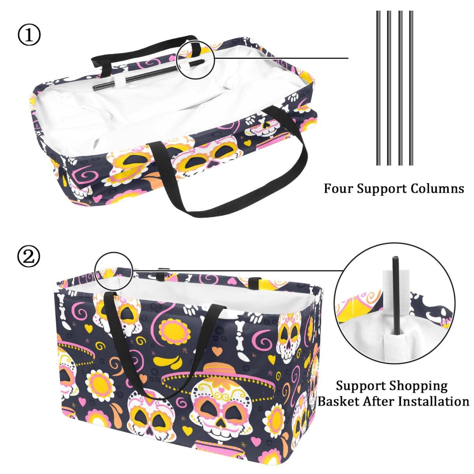 Skull Print Water-Resistant Collapsible Grocery Tote Bag - Heavy Duty Reusable Shopping Basket (22x12.6x11.4 Inches) for Supermarket, Beach & Halloween Shopping