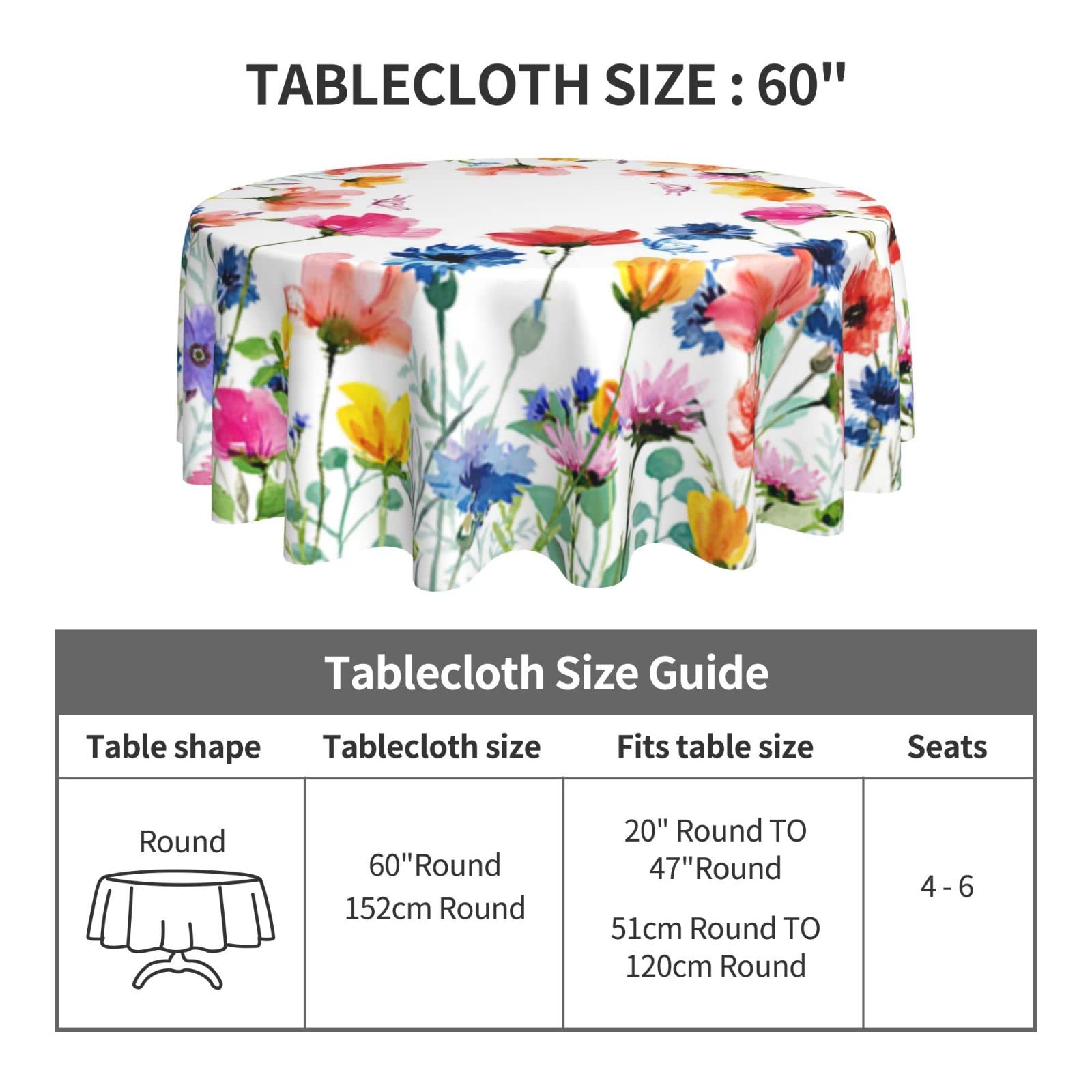 Butterfly Spring Floral 60 Inch Round Polyester Washable Tablecloth for Kitchen, Dining Room, Wedding, and Party