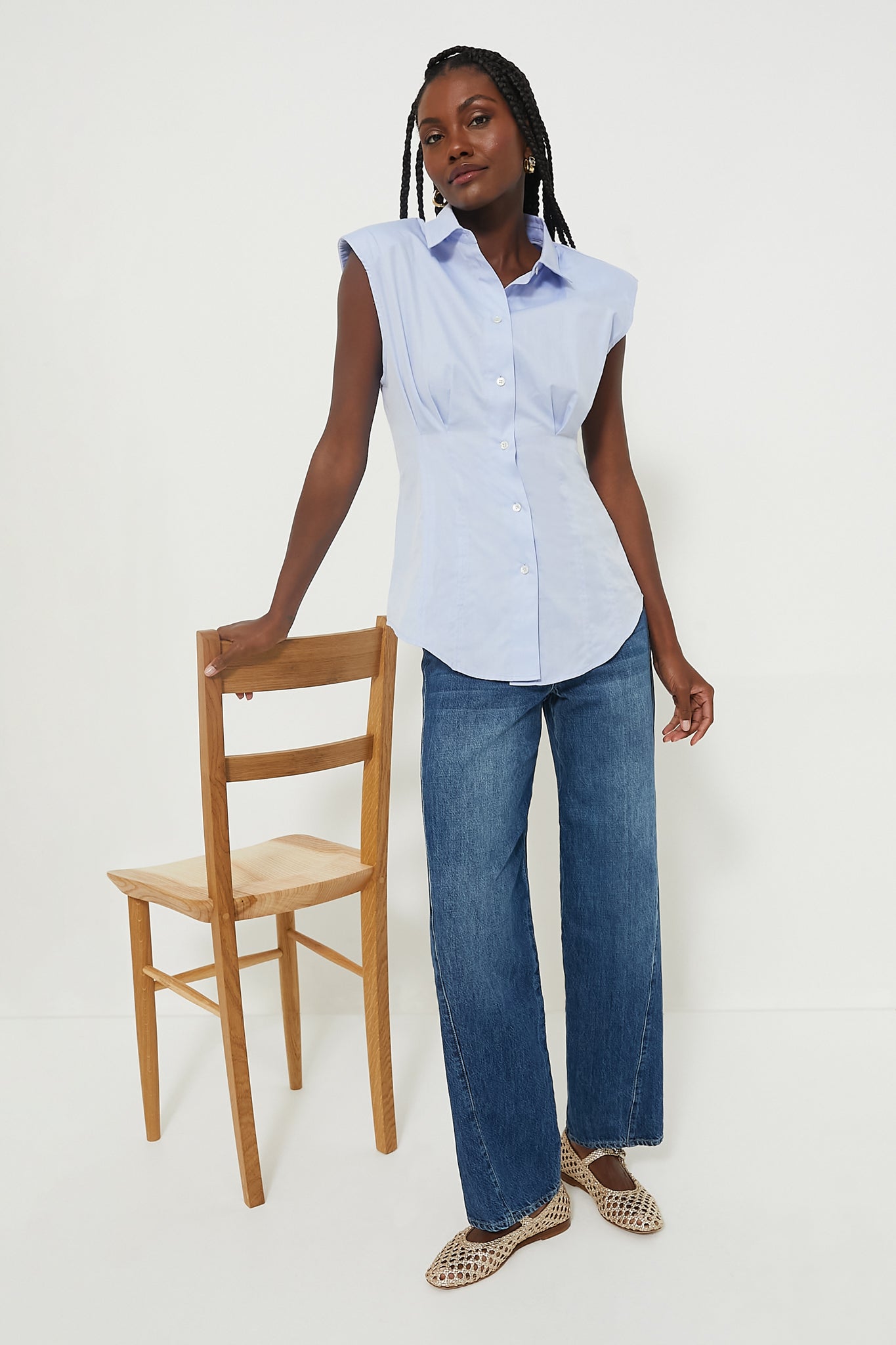 Blue Kendra Shirting Sleeveless Button Down Shirt for Women - Casual Summer Office Wear & Layering Essential