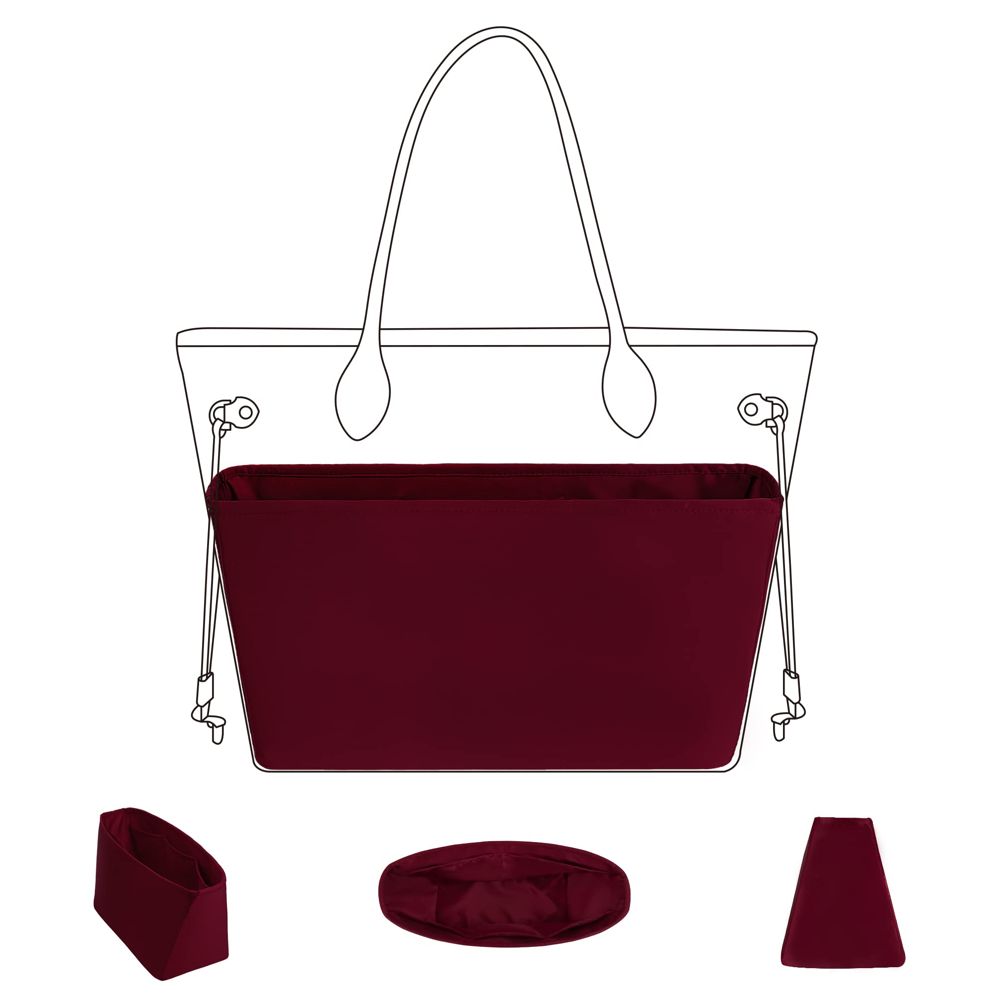 DGAZ Luxury Silk Purse Organizer Insert for Louis Vuitton Neverfull MM GM PM & Mini Bags - Handbag Tote Shaper & Organizer (Rouge H) - Perfect for Travel, Work & Daily Use