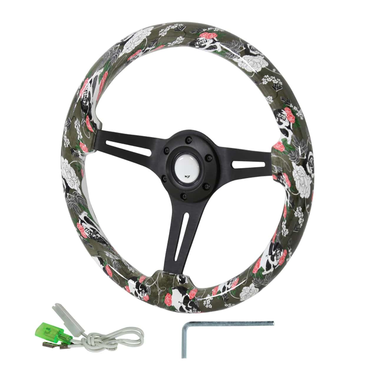 Stylish Green Skull & Rose Wooden Steering Wheel - 3 Spoke Deep Dish Design for Classic & Custom Cars - Perfect for Hot Rods, Rat Rods & Vintage Vehicles