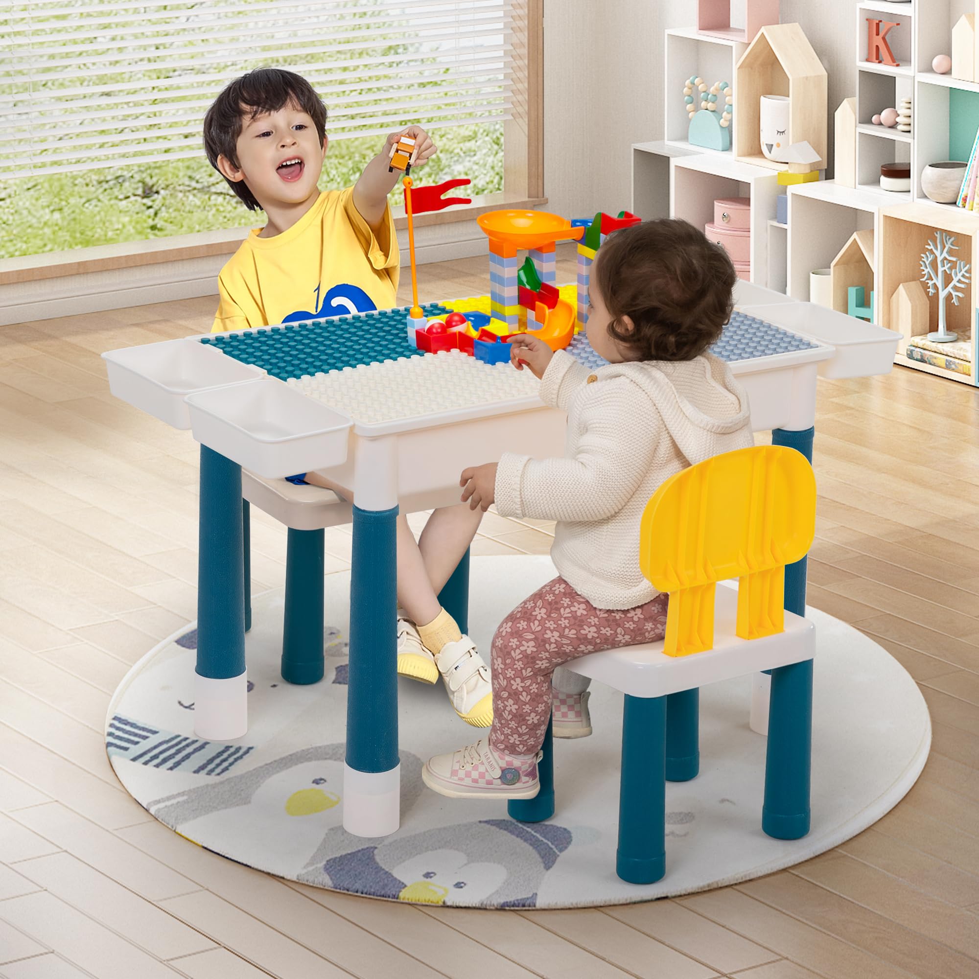 Sandinrayli 7-in-1 Kids Activity Table Set with 2 Chairs & 100Pcs Large Building Blocks - Compatible with Classic Blocks, Water & Sand Play Table, Toddler Learning & Play Center (Macaron) - Perfect for Preschool Classroom, Daycare Centers & Home Playroom Educational Toys