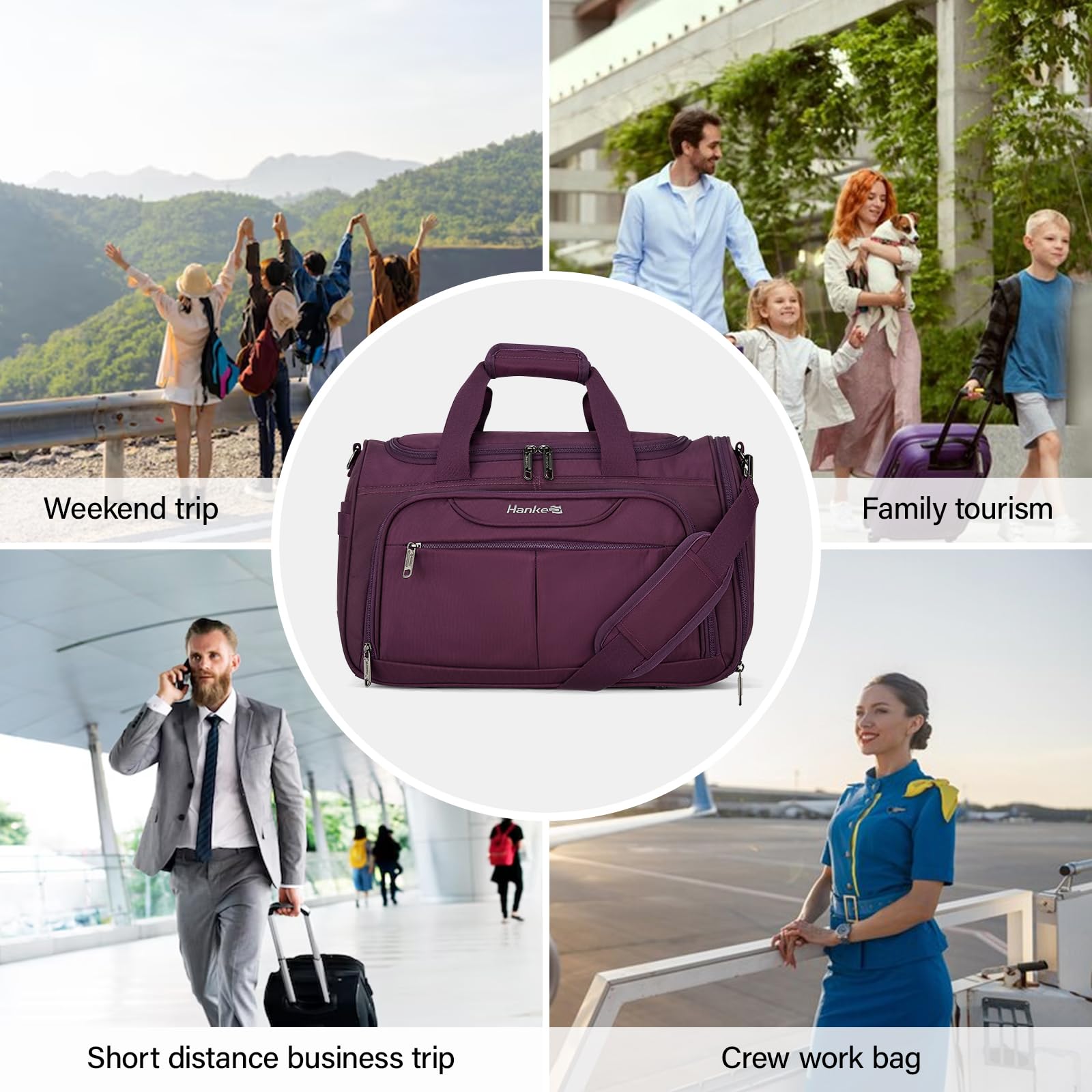 Hanke Foldable Underseat Carry-On Luggage Bag for Women & Men - Lightweight Softside Travel Tote Bag - Perfect Personal Item for Flights, Crew & Overnight Trips (Purple) | Ideal for Business Travel, Weekend Getaways & Airplane Cabin Storage
