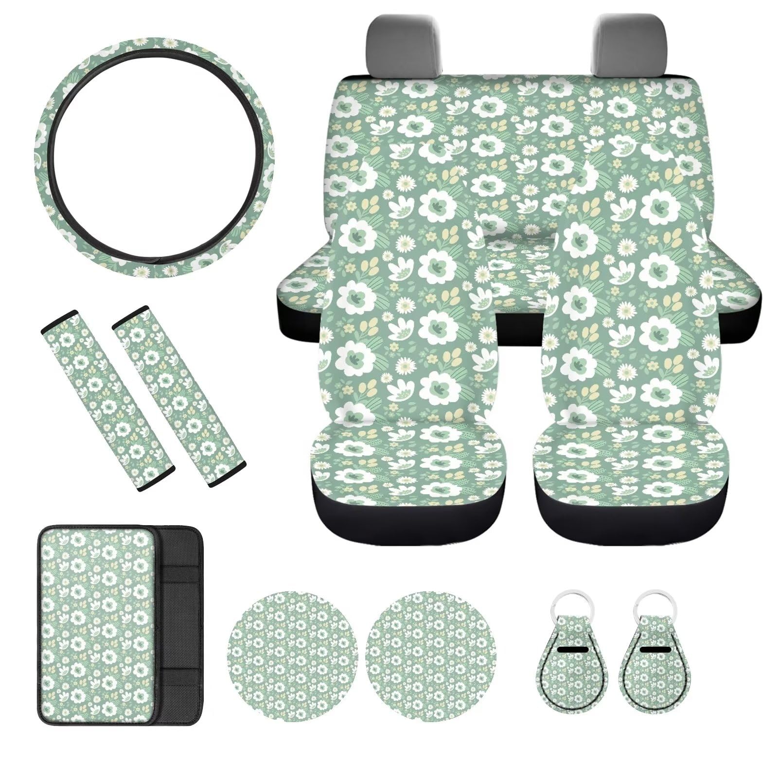 Sage Green Floral Car Seat Cover Set for Women - 12-Piece Cute Aesthetic Car Accessories with Steering Wheel Cover | Perfect for Daily Commute, Road Trips & Car Interior Decoration