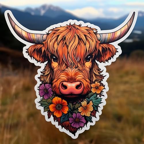 Floral Highland Cow Vinyl Decal - 5 Inch Waterproof Sticker for Laptops, Tablets, Water Bottles, Cars | Cute Aesthetic Decoration for Home, Office, School, Travel Accessories