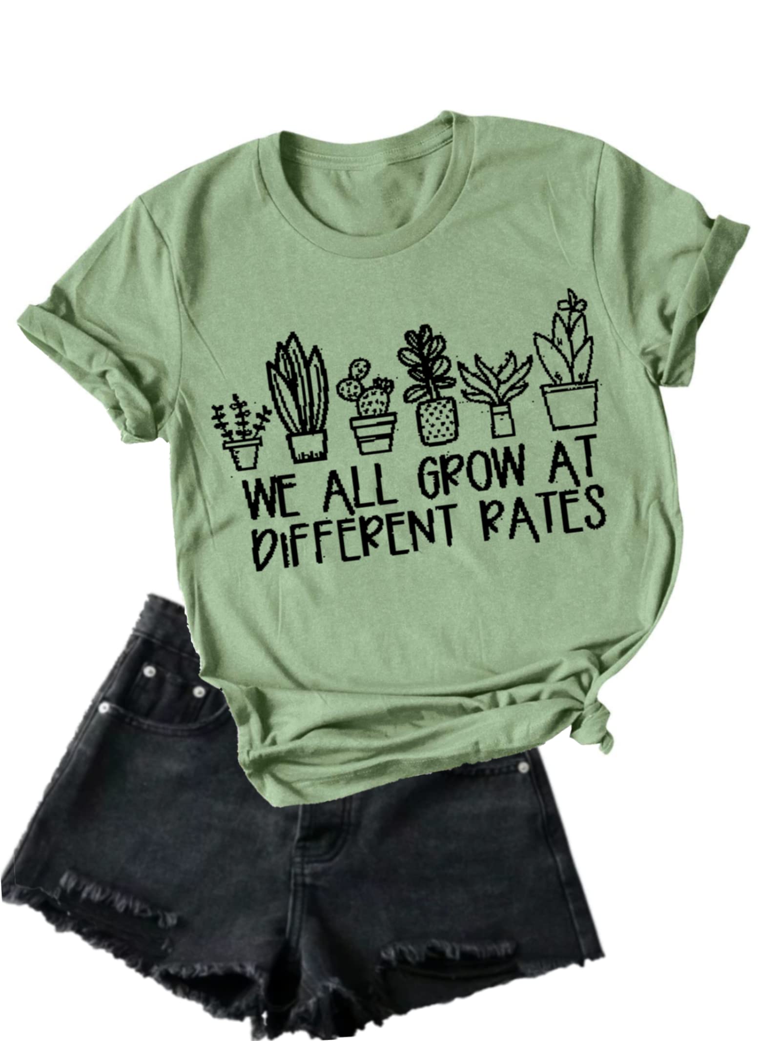 Women's Inspirational Teacher T-Shirt - 'We All Grow at Different Rates' Autism Awareness & Plant Mom Top | Casual Wear for School, Work & Everyday Comfort