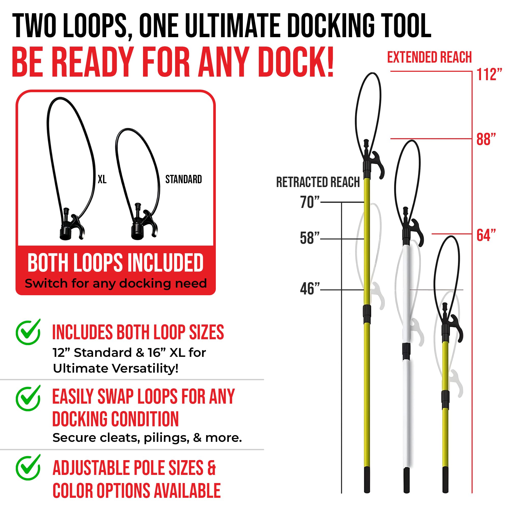 Extendable Fiberglass Boat Hook with Flexible Loop & Quick-Lock System - Adjustable 2-8ft Marine Pole with Rubber Guard - Docking, Mooring & Line Handling Tool for Boats, Kayaks & Watercraft