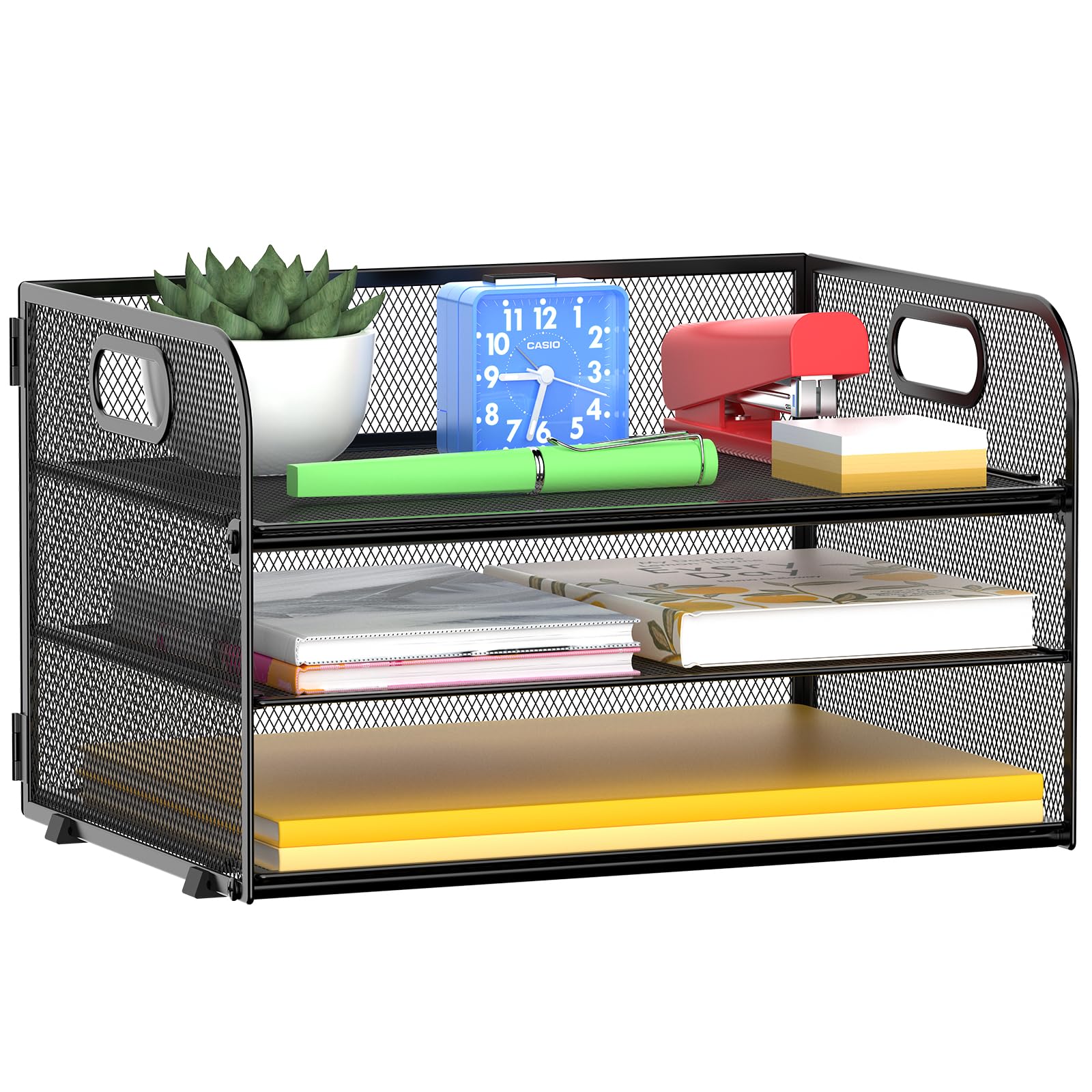 3 Tier Mesh Paper Letter Organizer Tray for Desk - Black Office File Organizer with Handle for Home, School & Workplace (1 Pack) - Perfect for Mail Sorting, Document Storage & Desk Organization