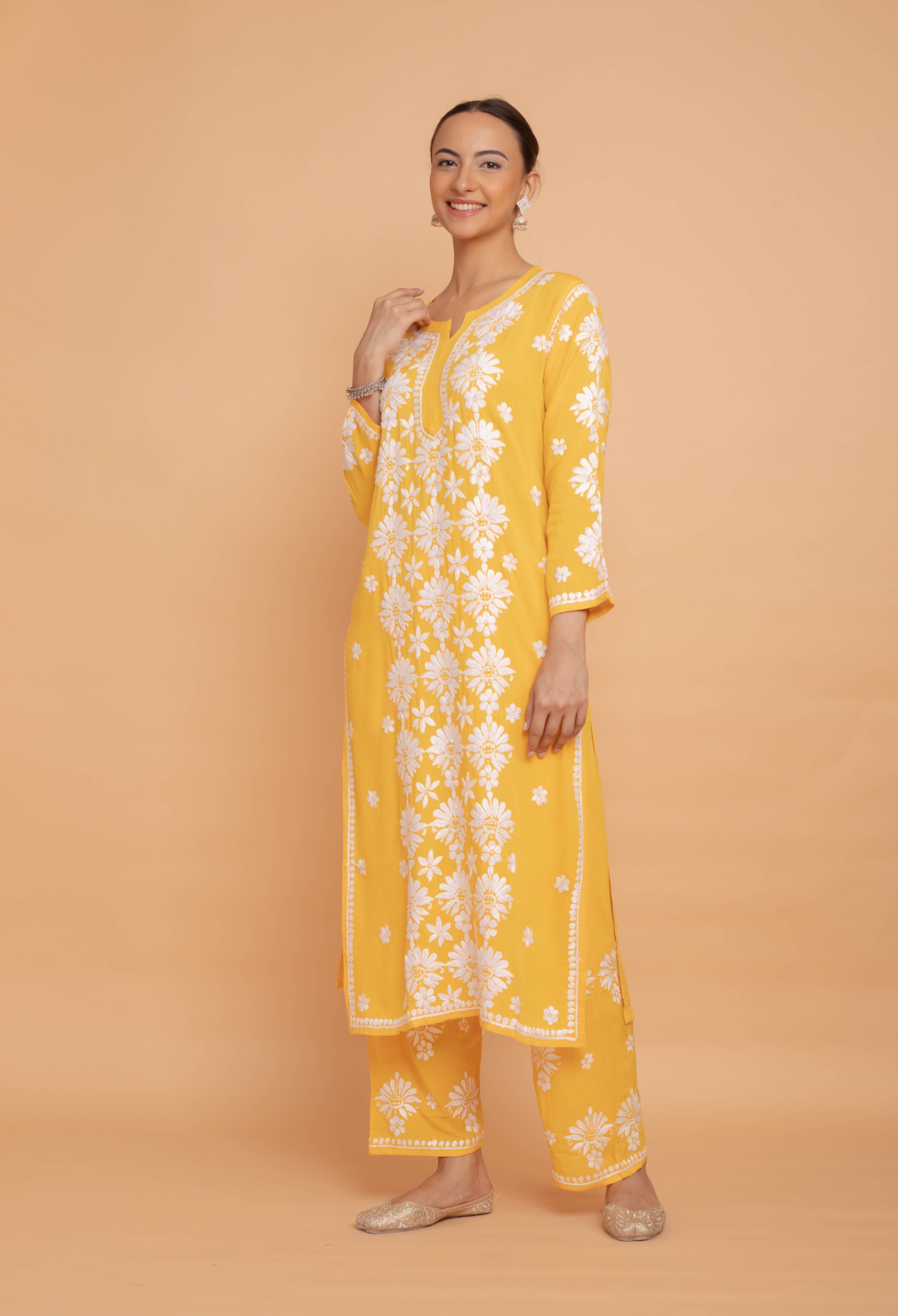 Saba Chikankari Modal Cotton Kurta Set for Women - Mustard Yellow Indian Ethnic Wear - Perfect for Festivals, Weddings & Casual Outings