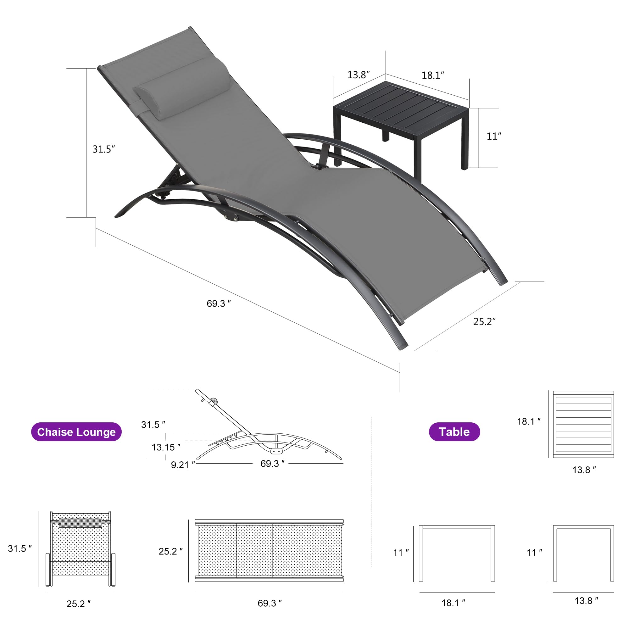 PURPLE LEAF 3-Piece Outdoor Chaise Lounge Set - All-Weather Patio, Pool & Beach Sunbathing Chairs with Side Table - Perfect for Backyard, Garden & Tanning - Grey