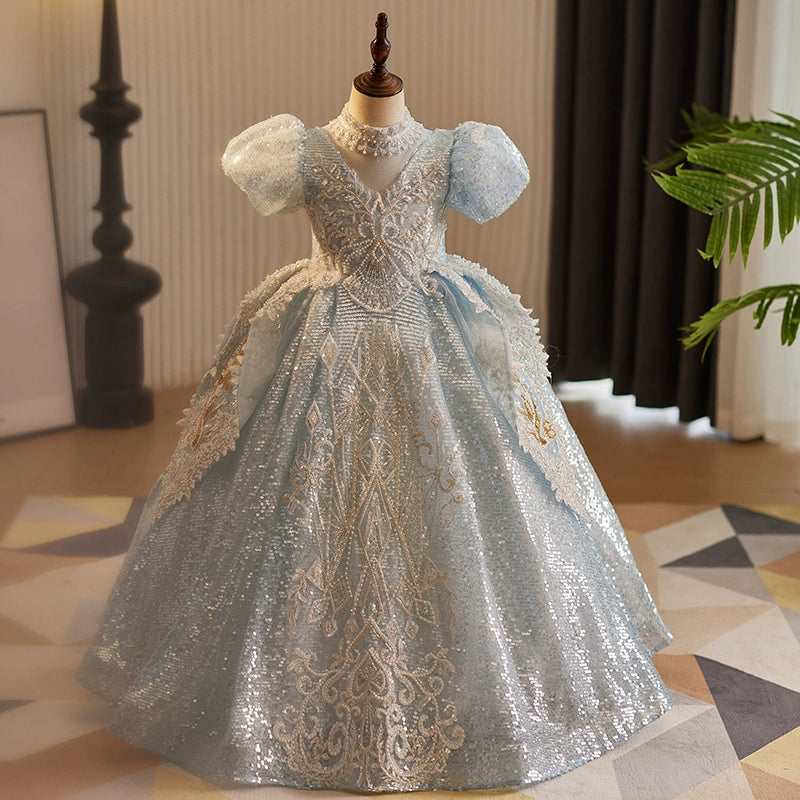 Elegant Blue V-Neck Floor-Length Sequined Flower Girl Dress for Weddings & Special Occasions