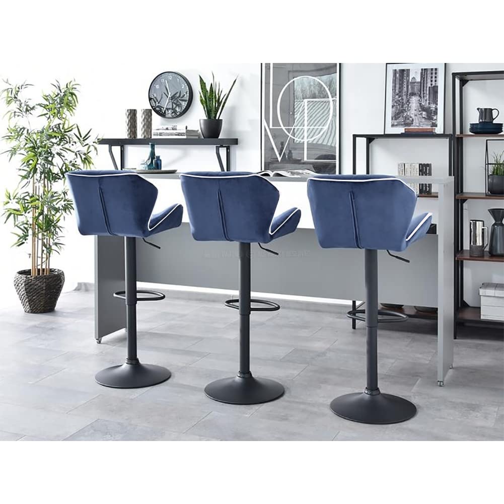 Set of 2 Modern Adjustable Bar Stools with 360° Swivel - Contemporary Spyder Design Bar Chairs with Black Base & Navy Blue/White Piping - Perfect for Kitchen Islands, Home Bars & Dining Counter Seating