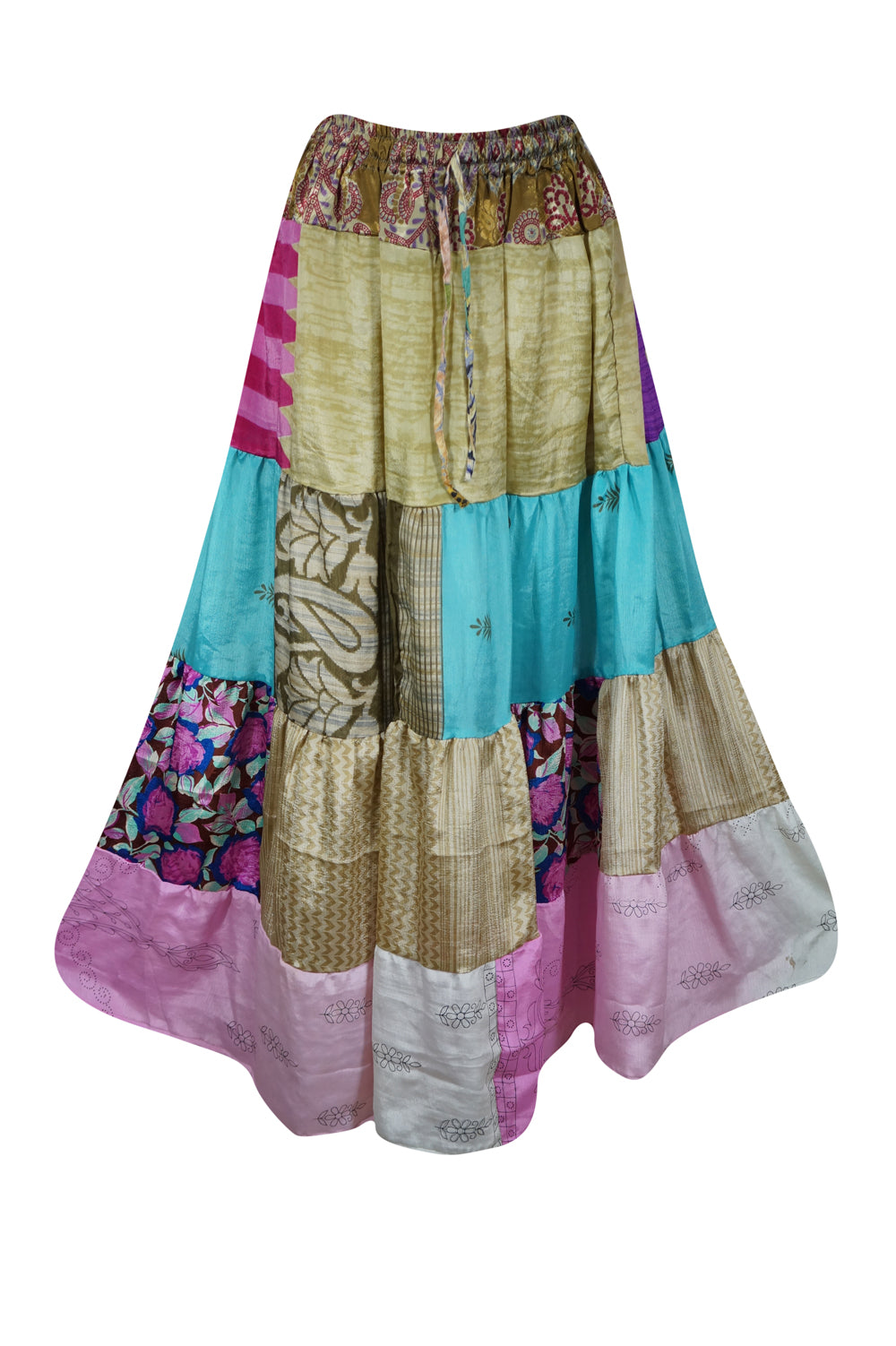 Women's Long Maxi Skirt in Beige & Pink Patchwork - Boho Chic Flowy Skirt for Summer - Sizes S/M/L - Perfect for Beach, Music Festivals & Casual Outings