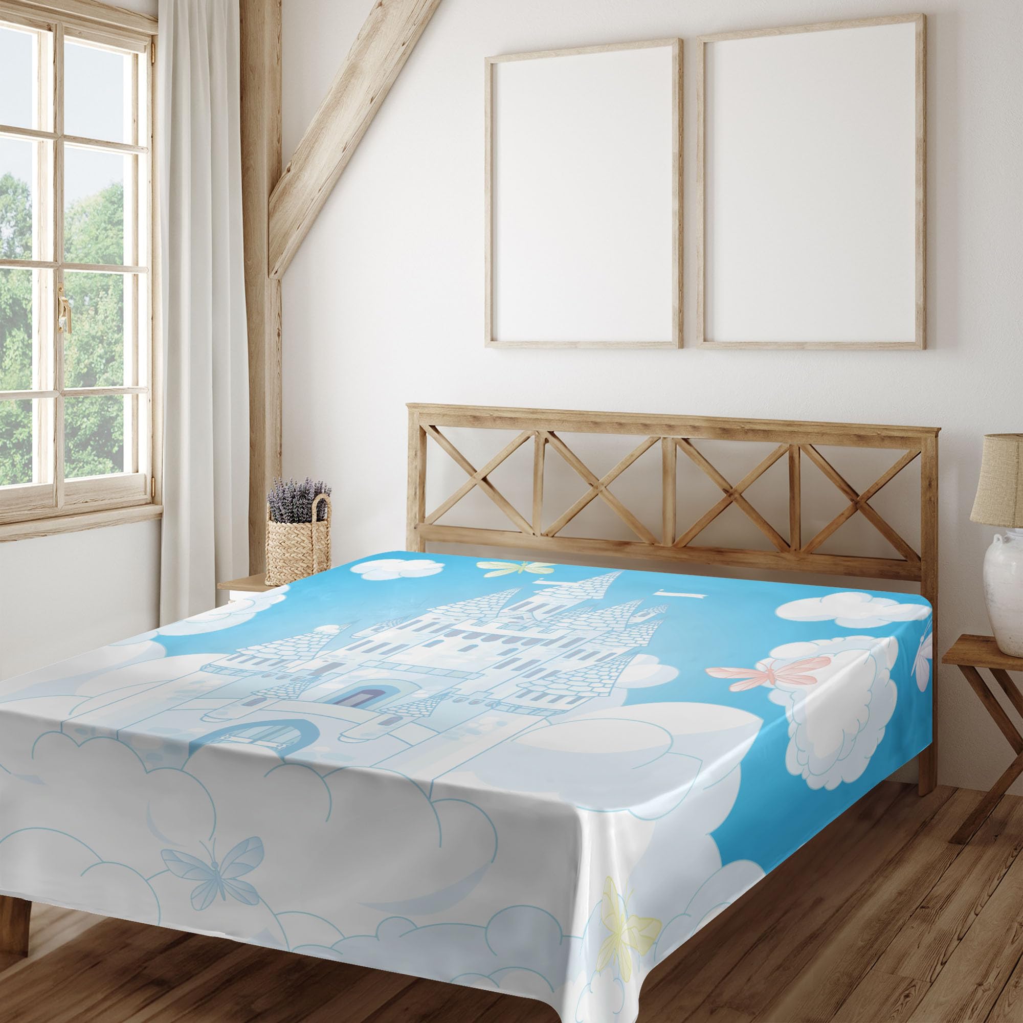 Ambesonne Tale King Size Flat Sheet - Castle Clouds & Butterflies Print, Soft Comfortable Decorative Top Sheet, 1 Piece, White & Sky Blue - Perfect for Bedroom Decor, Guest Room, and Cozy Sleep