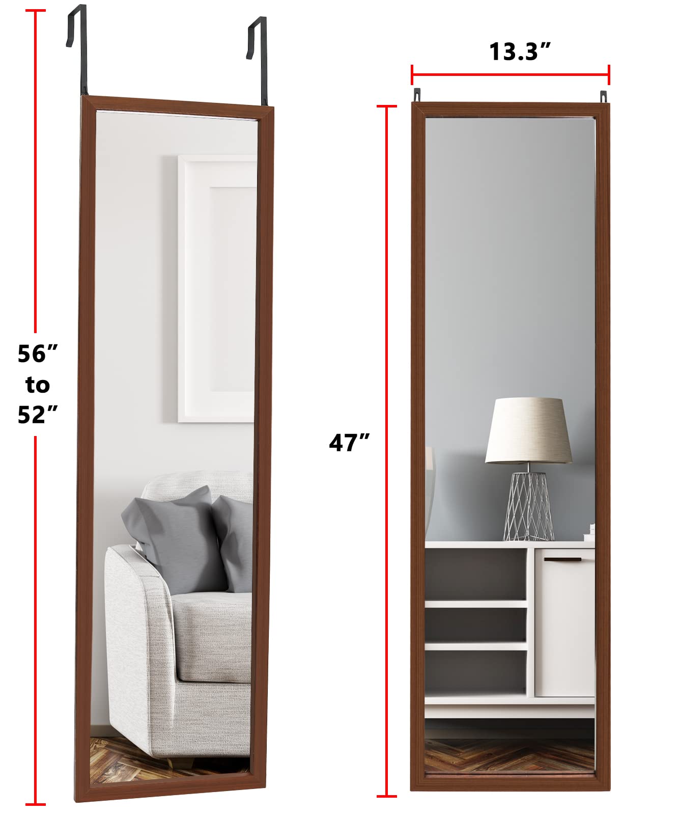 Mirrotek Full Length Over The Door Mirror - 13.7 x 48 Inches Walnut Finish - Space Saving Wall Mirror for Bedroom, Bathroom, Dorm & Closet Organization