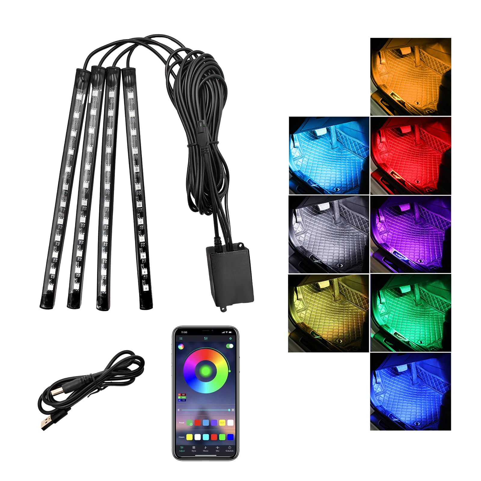 RGB 48 LED Multicolor Car Interior Lights with Sound Activation & APP Control - Smart Under Dash Lighting Kit with USB Charger | Perfect for Car Customization, Night Driving & Party Atmosphere