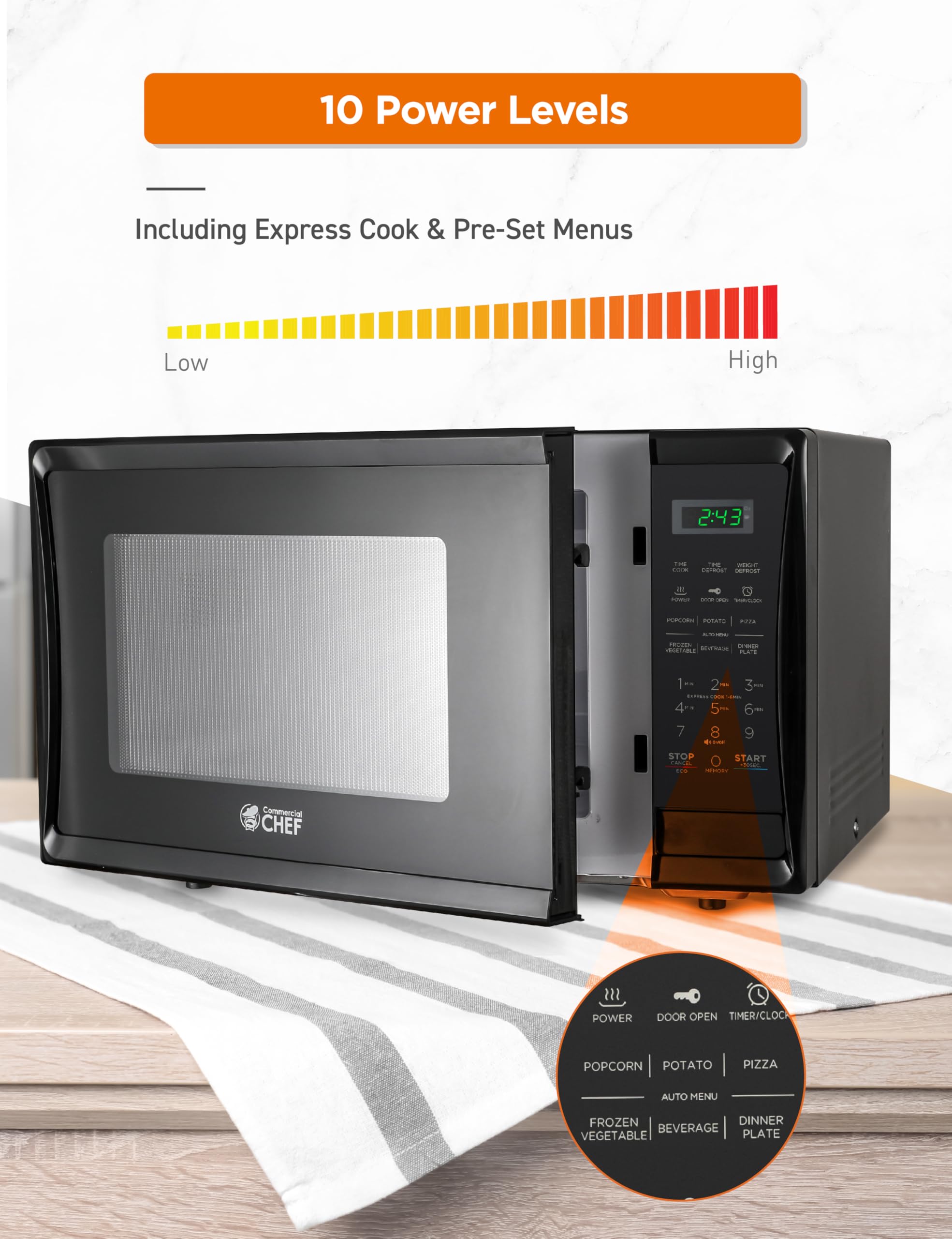 Commercial Chef 1.1 Cu Ft 1000W Countertop Microwave with 10 Power Levels, Push Button Door Lock, Turntable & Digital Controls - Perfect for Kitchens, Offices, Dorms & Small Spaces (Black)