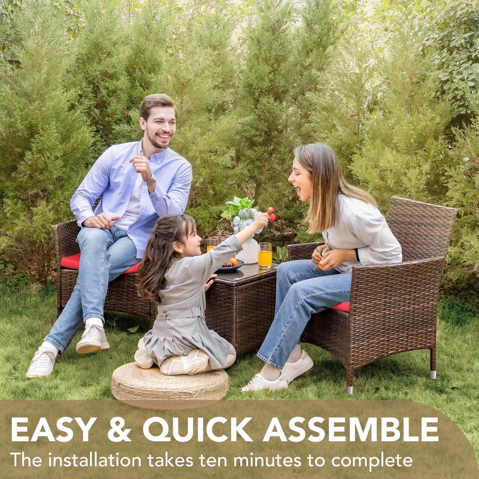 Devoko 3-Piece PE Rattan Wicker Patio Furniture Set - Outdoor Garden Chairs with Table in Brown/Red - Perfect for Porch, Backyard, Poolside & Terrace Relaxation