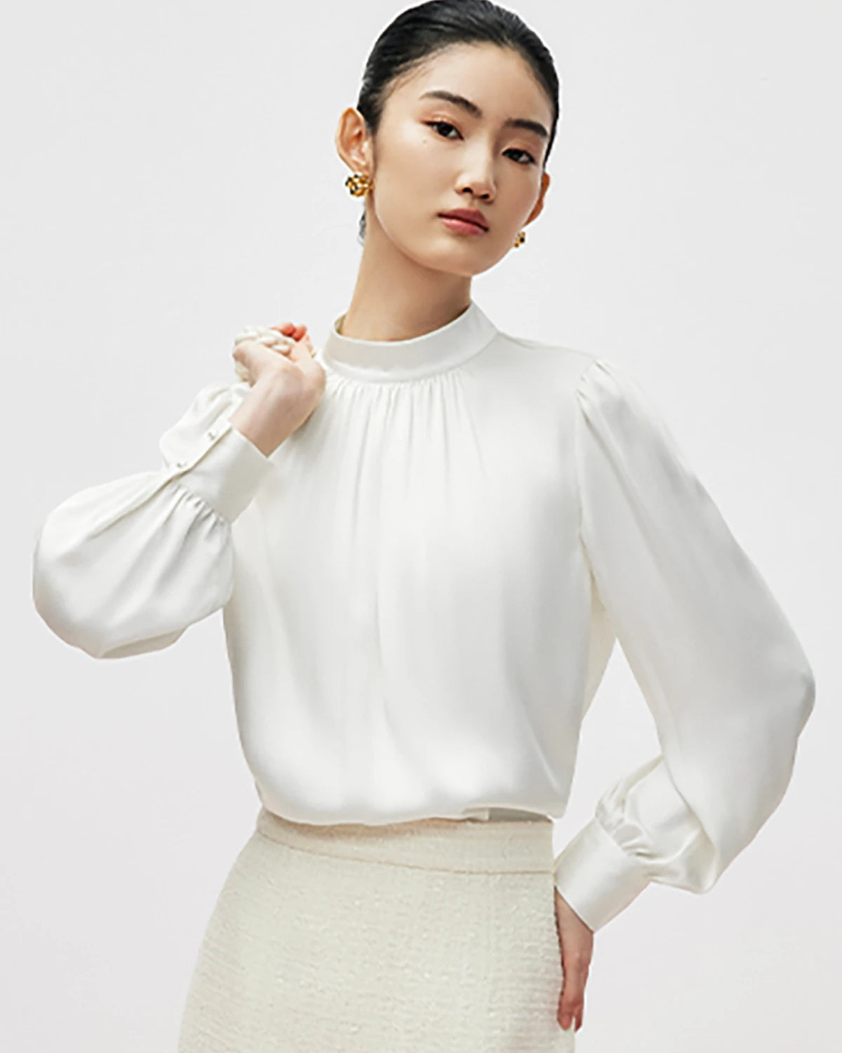 Elegant Mock Neck Pleated Silk Blouse for Women - Chic Office Wear & Evening Party Outfit