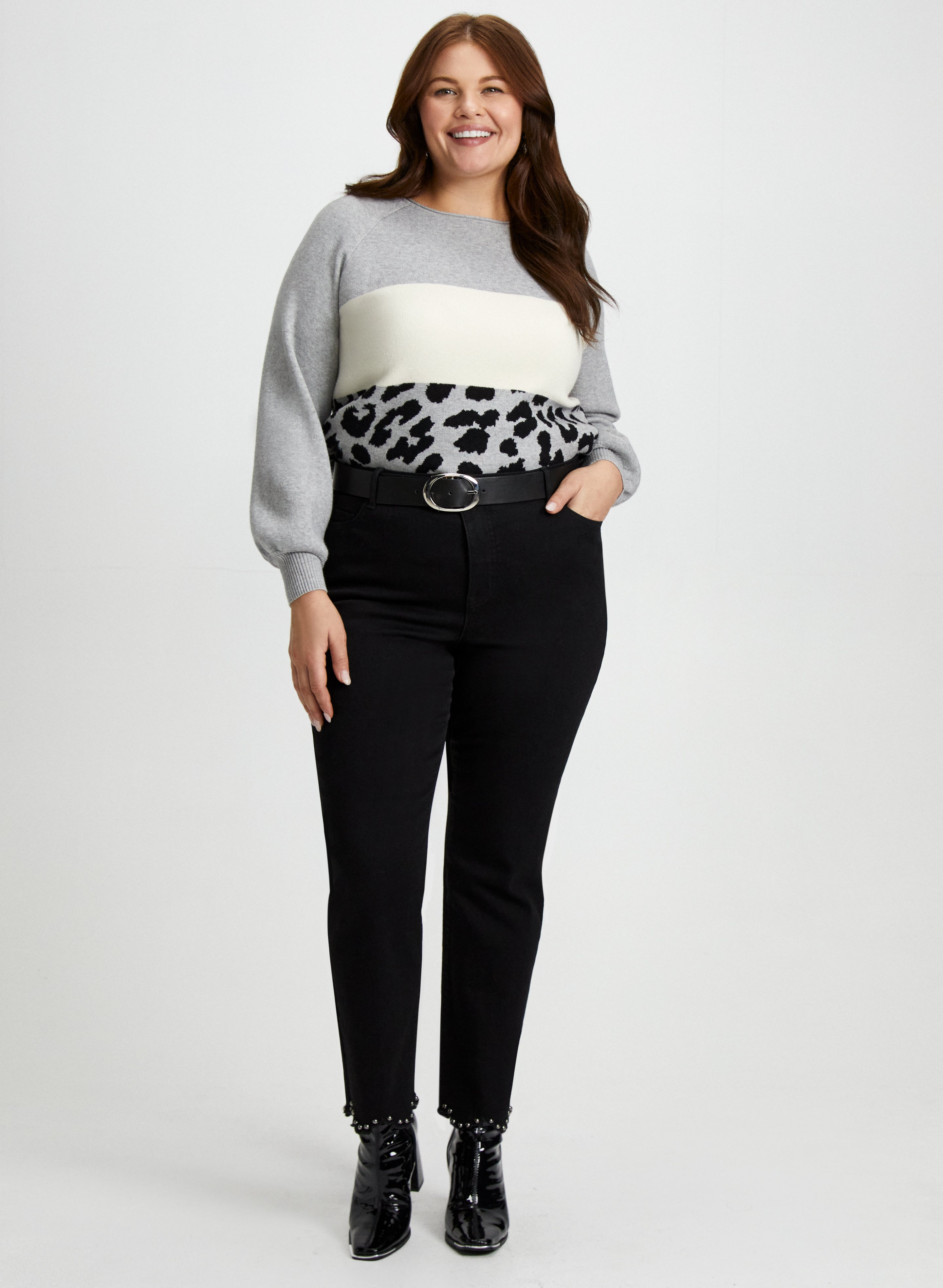 Color Block Sweater & Pearl Embellished Jeans for Women - Trendy Casual Outfit for Fall Fashion, Date Nights & Office Wear