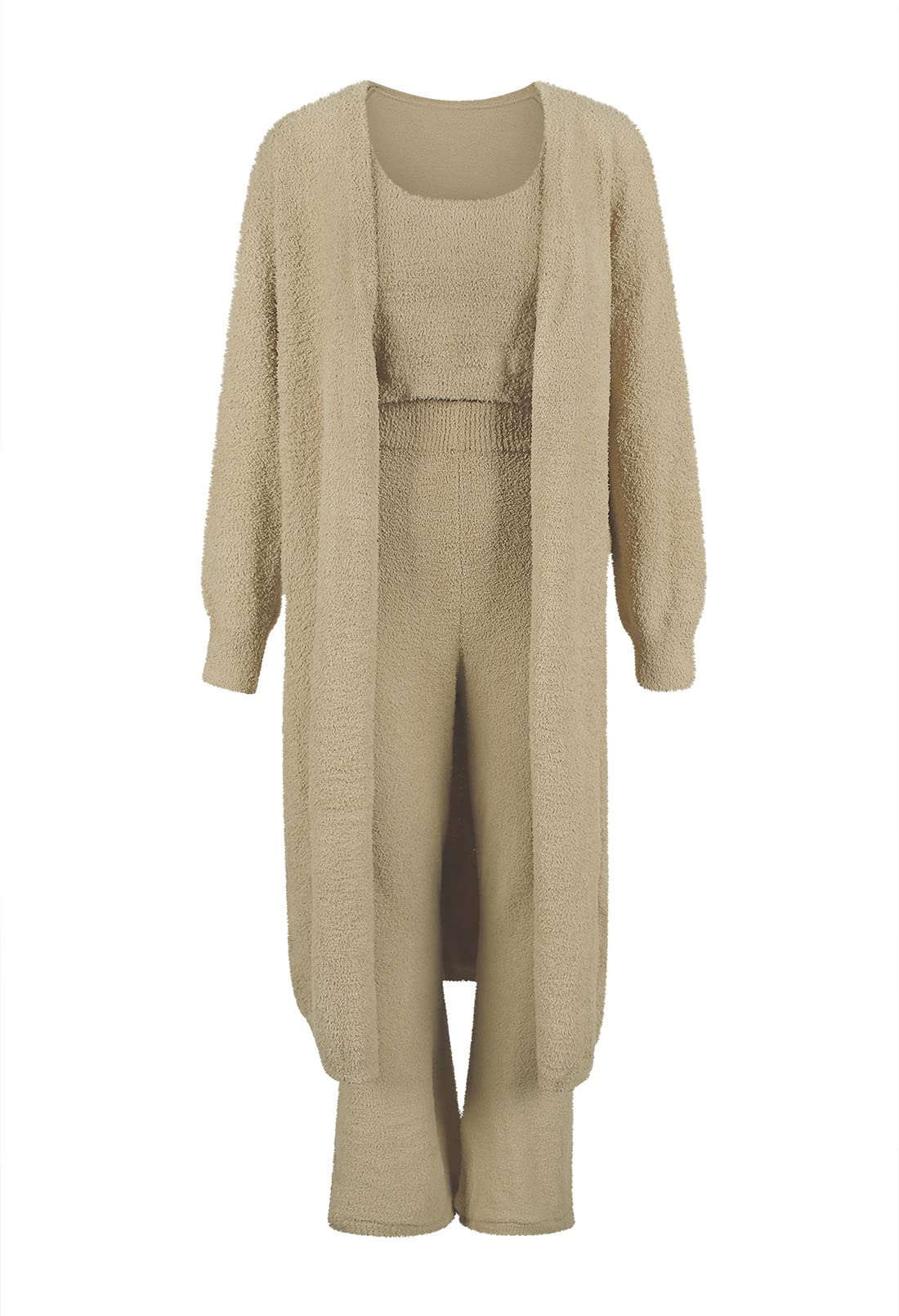 Fixmatti Women's 3 Piece Fuzzy Sweatsuit Set - Open Front Cardigan, Crop Tank Top & Wide Leg Pants Lounge Outfit in Camel Color, Size X-Large | Cozy Loungewear for Home, Yoga & Casual Wear