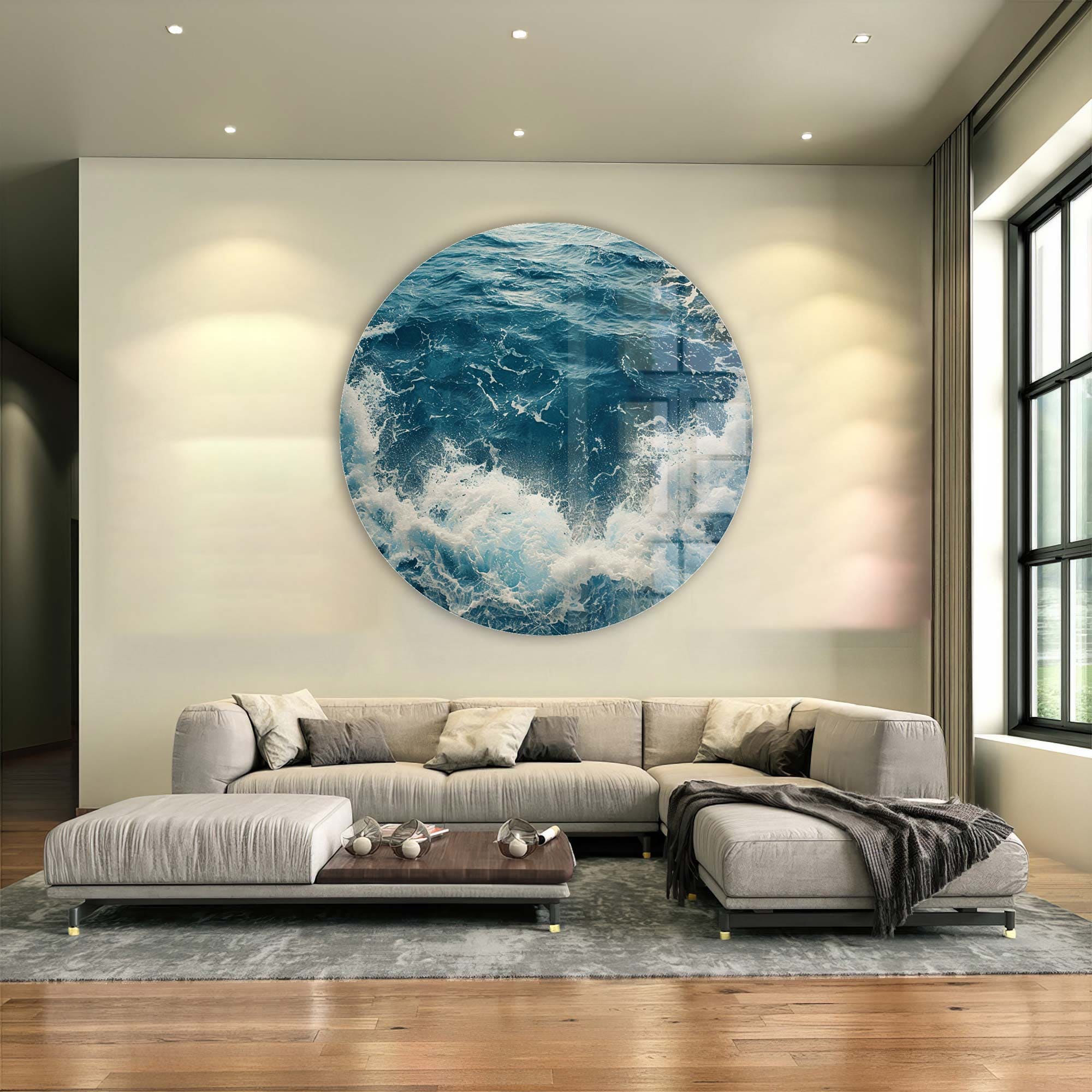 Waveborn Symphony Round Glass Wall Art - Elegant Home Decor for Living Room, Bedroom & Office