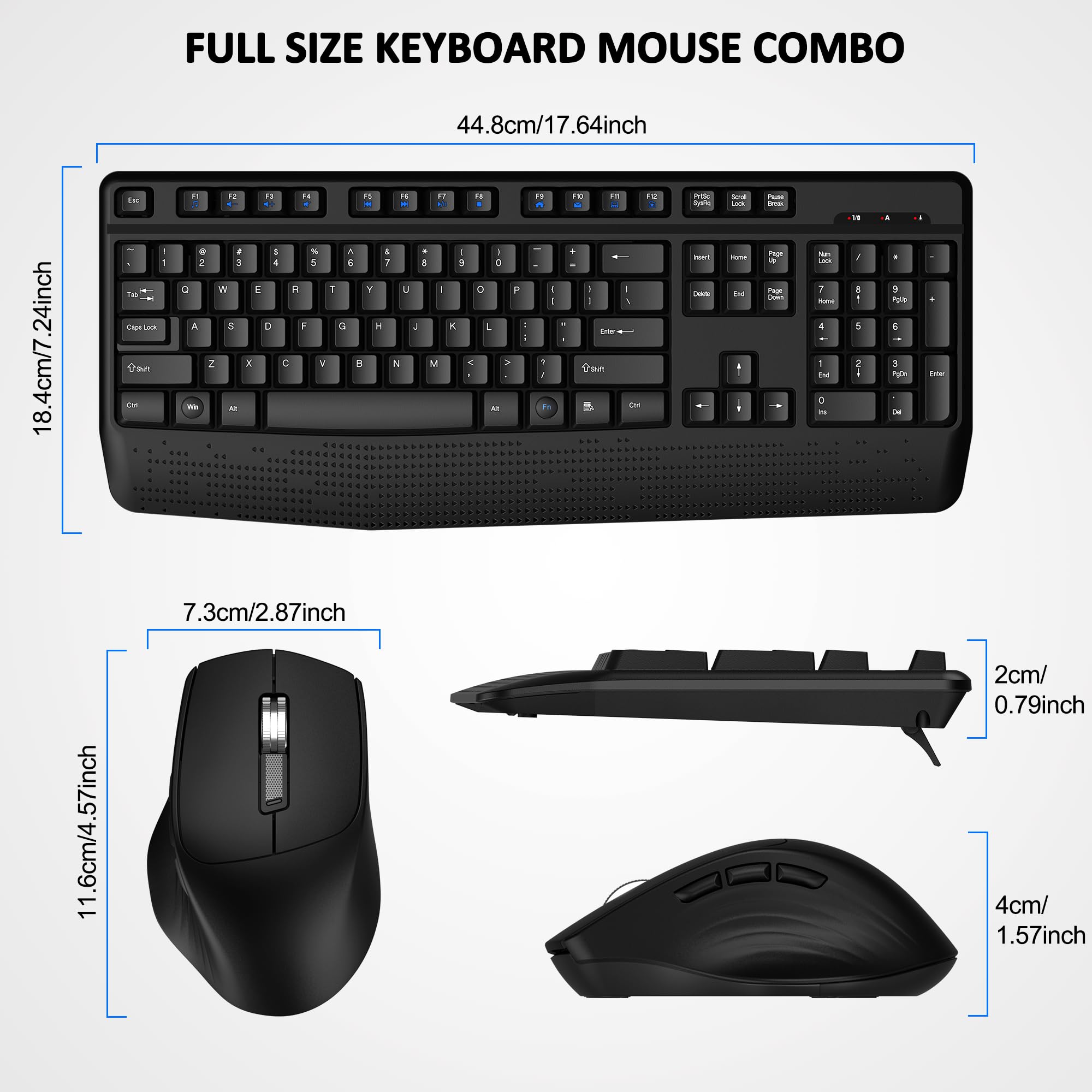 QUASIO Wireless Keyboard and Mouse Combo - Full Size Ergonomic Keyboard with Wrist Rest & 3-Level DPI Adjustable Optical Mouse for Windows/Mac, Compatible with PC, Laptop, Tablet - Perfect for Office, Gaming, and Home Use