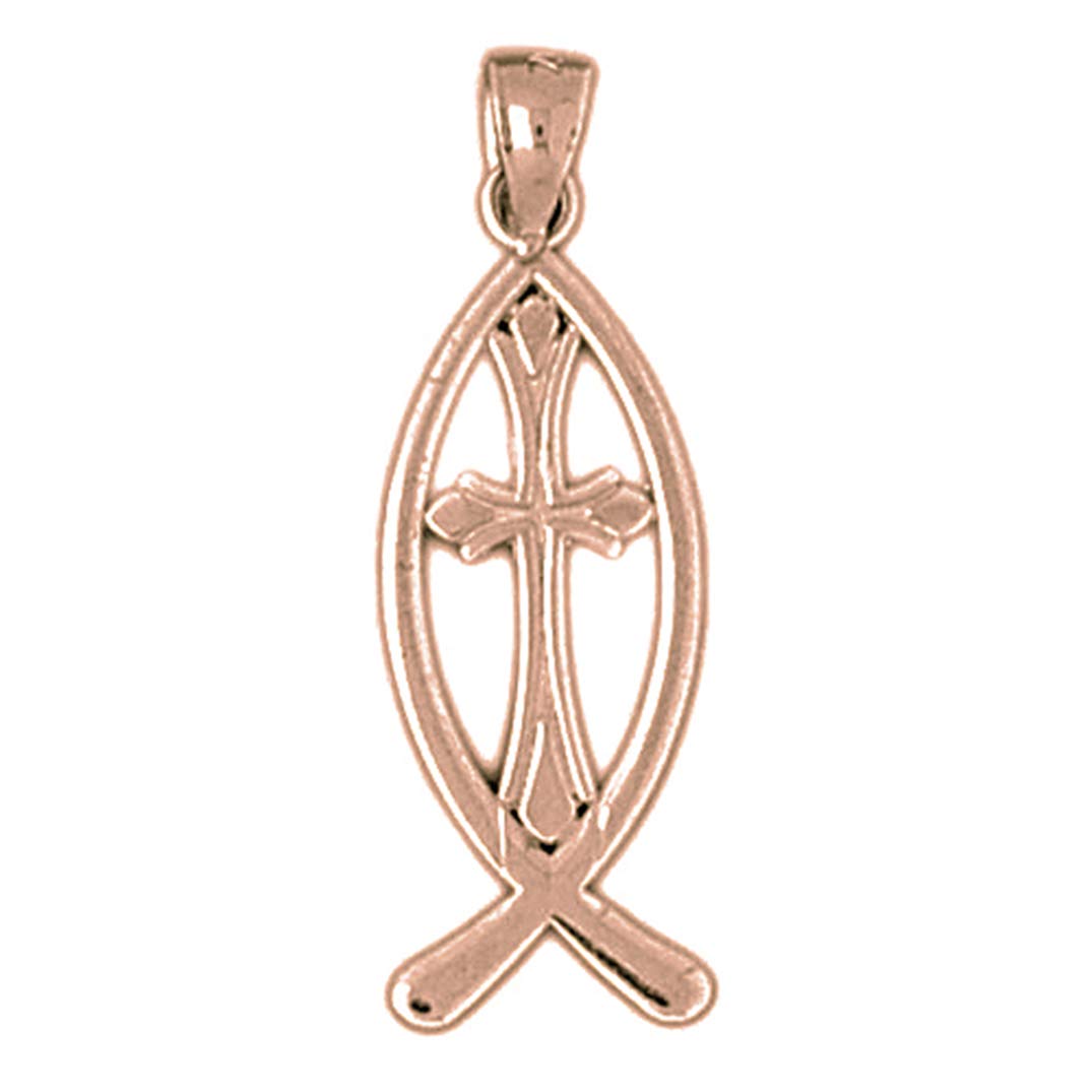 14K Rose Gold Christian Fish Cross Pendant Necklace - 29mm Religious Jewelry for Baptism, Confirmation & Faith Gifts