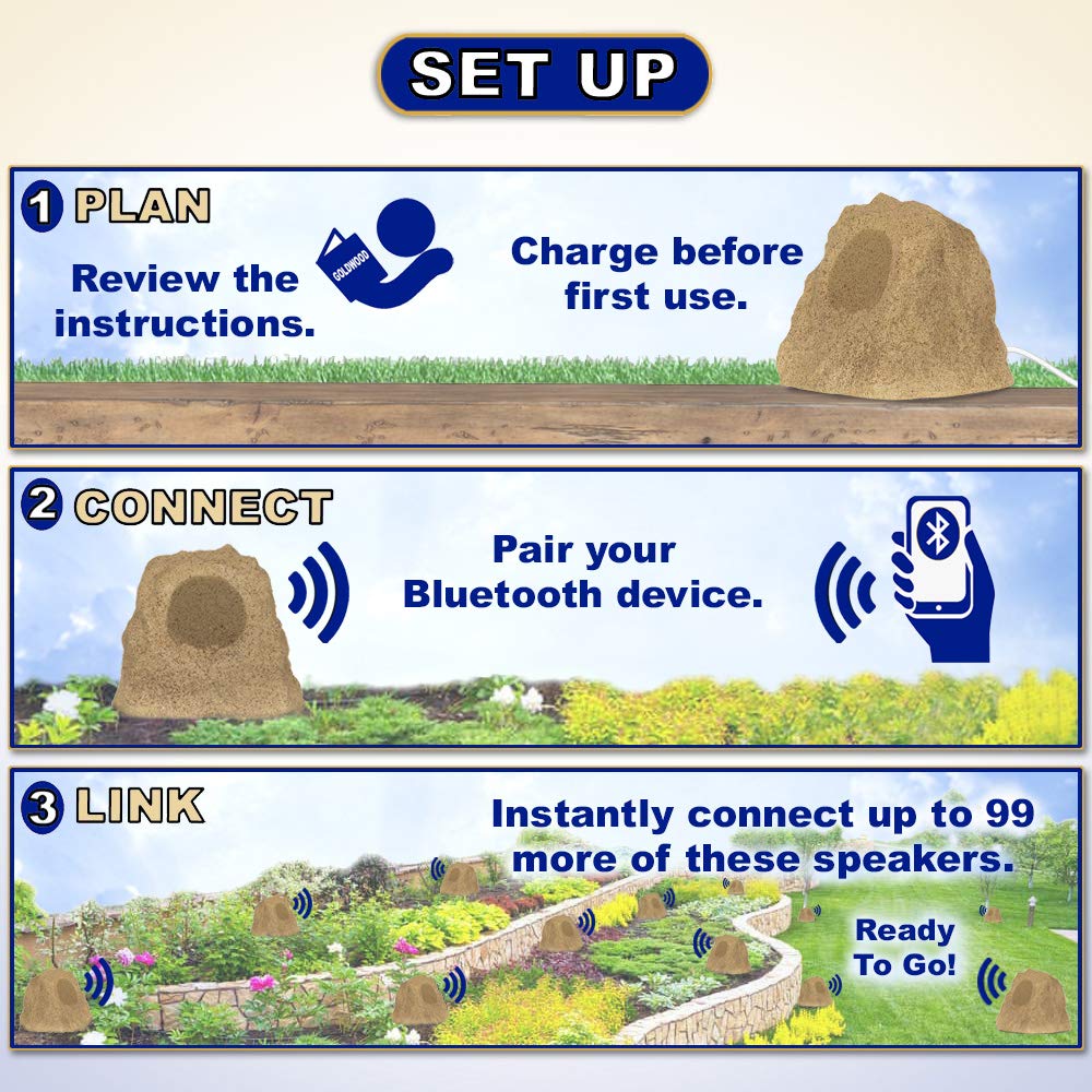 Theater Solutions by Goldwood B62S Wireless Rechargeable Bluetooth Outdoor 6.5 Inch Rock Speaker System – Sandstone, Set of 2, 200 Watts | Perfect for Patio, Garden, Poolside & Backyard Entertainment | Weatherproof & High-Quality Sound