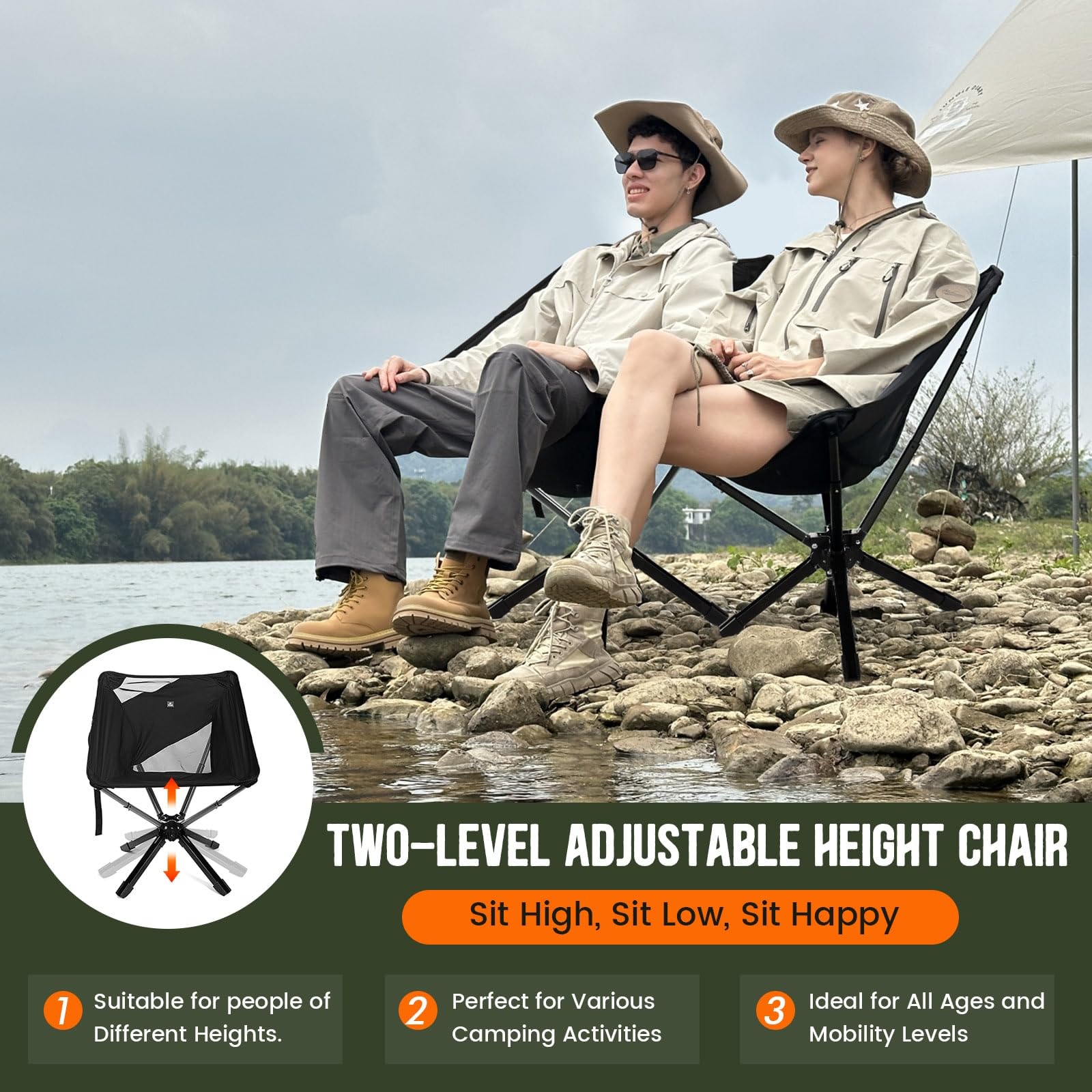 RiseLite Adjustable Portable Folding Chair for Adults - Compact Lightweight Outdoor Backpack Chair, Easy Setup in 6 Seconds - Perfect for Camping, Travel, Hiking, Concerts, Beach, Picnics & Backyard Relaxation