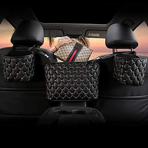 3-Pack Rhinestone Bling Car Handbag Holder & Backseat Organizer - PU Leather Storage Net Pocket Between Seats, Auto Seat Storage Bag with Trash Can - Perfect for Road Trips, Shopping & Daily Commute (Black)