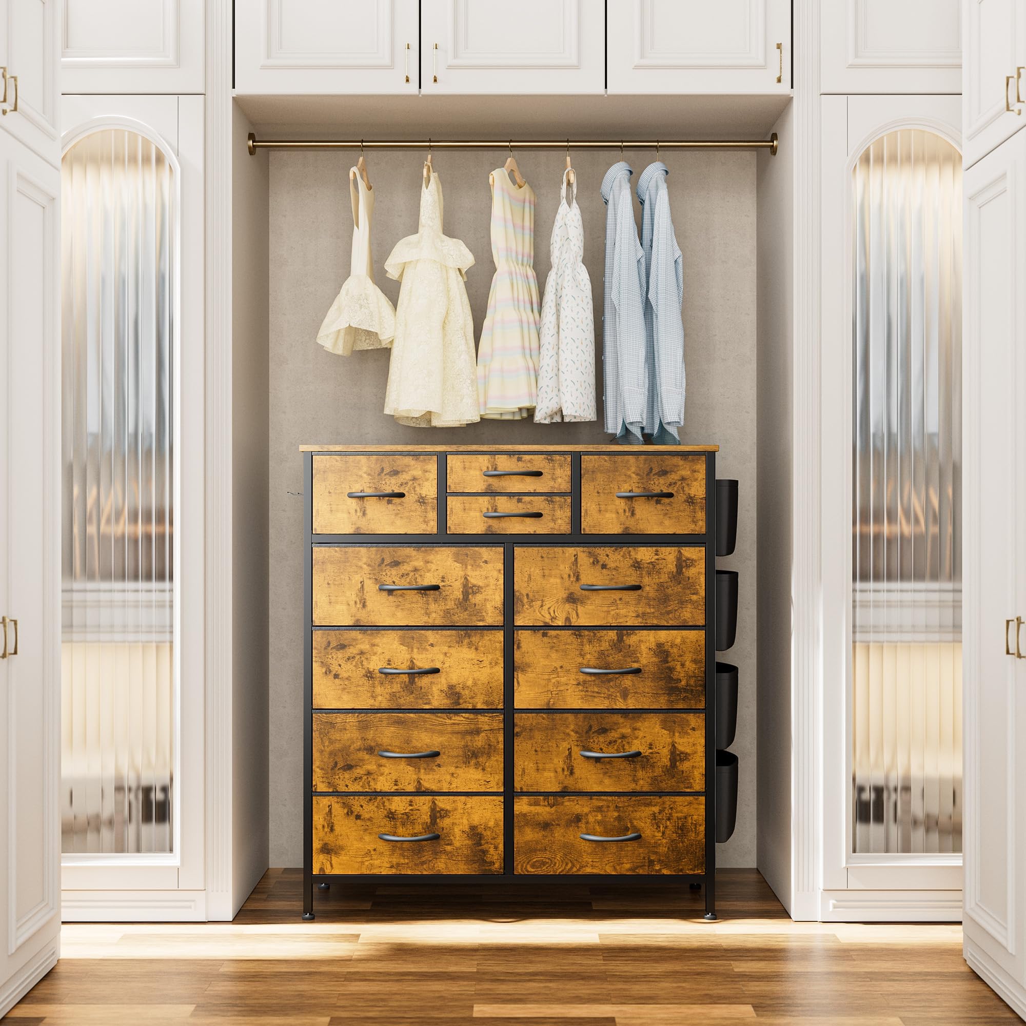 12-Drawer Fabric Dresser for Bedroom - Tall Chest of Drawers with Side Pockets & Hooks - Rustic Storage Organizer for Closet, Hallway, Living Room & Entryway | Perfect for Small Space Organization & Home Decor