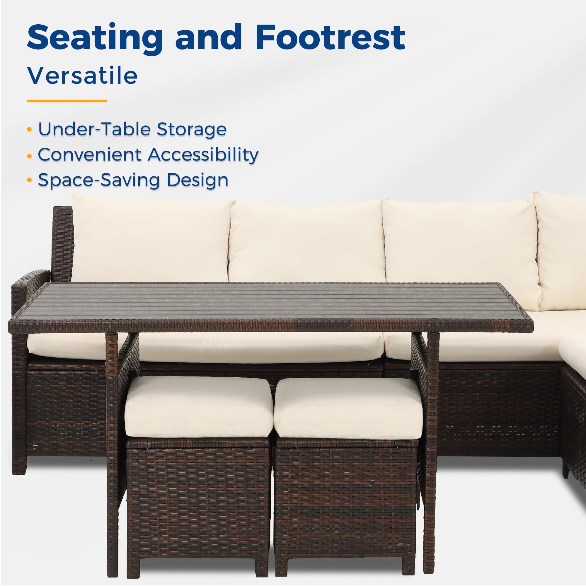 7-Piece Wisteria Lane Patio Furniture Set - All-Weather Wicker Outdoor Dining Sectional Sofa with High Curved Back, Dining Table, Chairs & Ottoman in Ivory | Perfect for Backyard, Garden, Poolside & Outdoor Entertaining