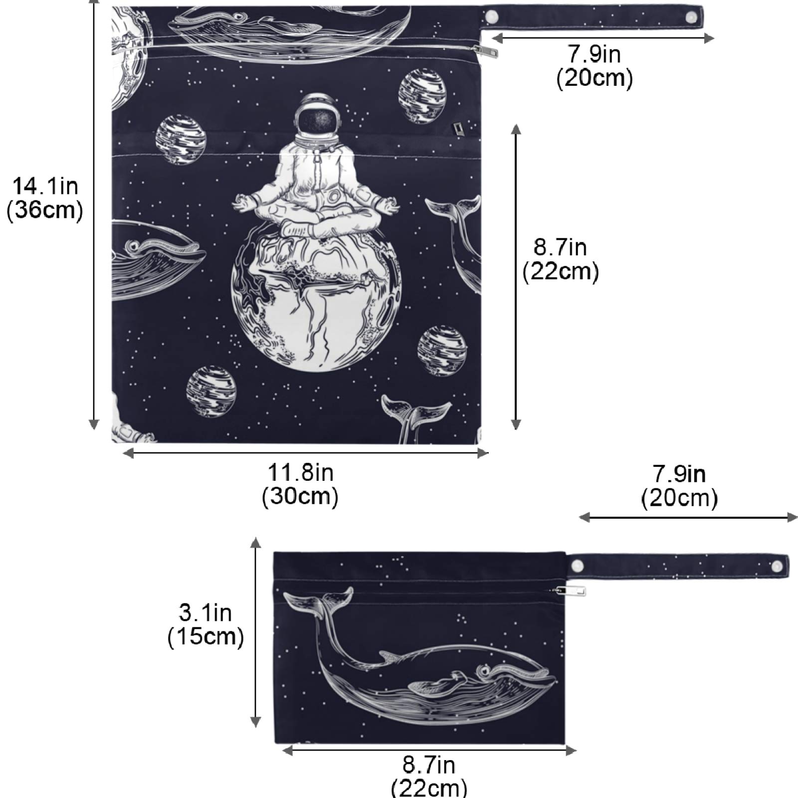 Whale & Astronaut Wet Bags 2-Pack - Waterproof Zippered Pockets, Reusable Washable Storage for Swimsuits, Gym Clothes & Diapers - Perfect for Beach, Pool, Travel, Daycare & Stroller Organization