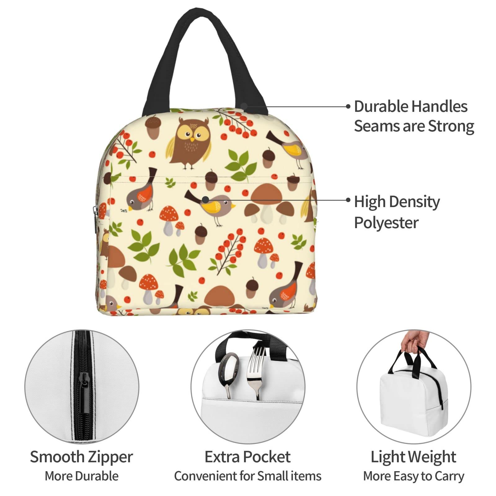 Owl and Mushroom Insulated Lunch Box - Reusable Thermal Lunch Bag for Women & Men - Perfect for Office, School, Camping, Hiking, Picnic, Beach & Travel - Keep Food Fresh Anywhere