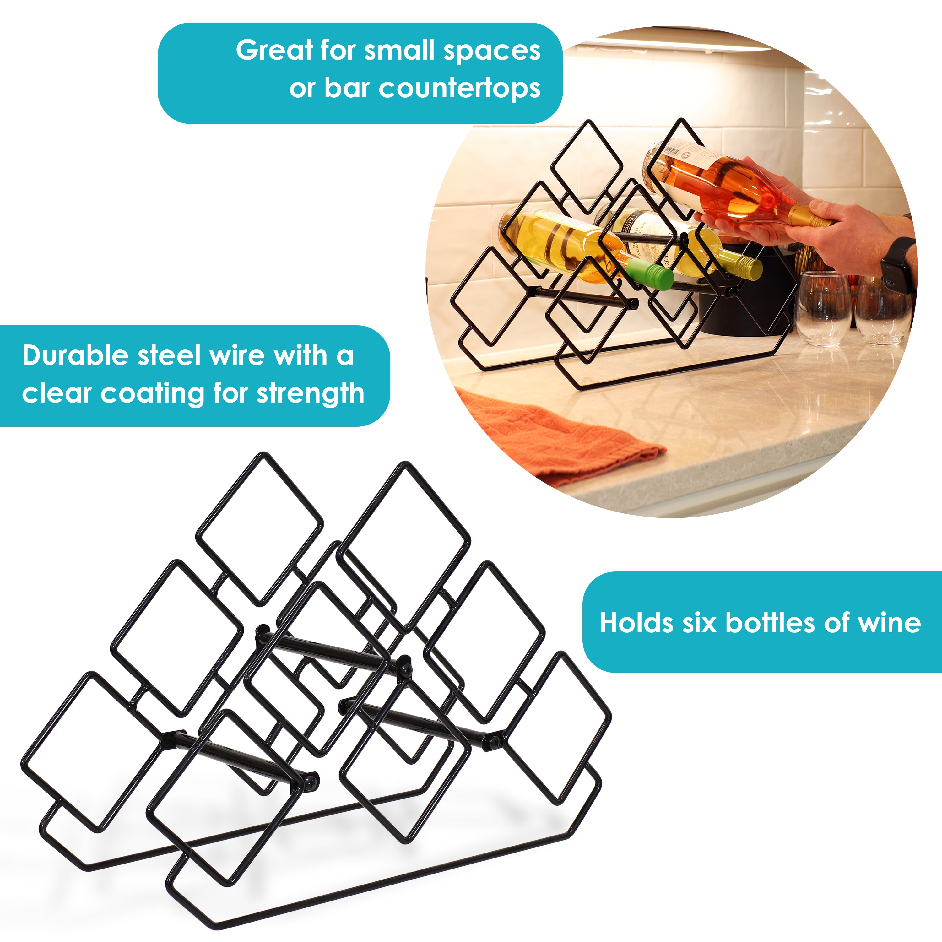 Sunnydaze 6 Bottle Steel Wire Triangular Tabletop Wine Rack - Compact Space-Saving Wine Holder for Kitchen, Bar, Dining Room & Countertop Decor