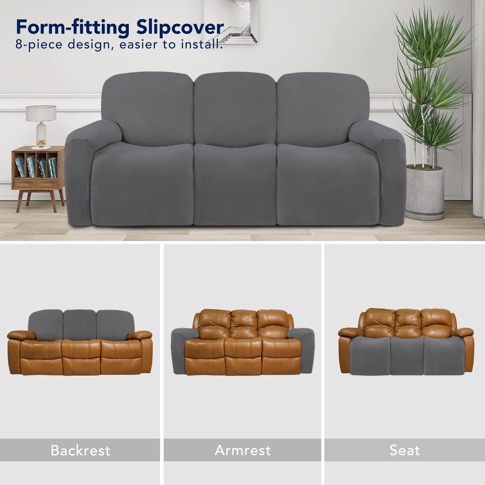PureFit Super Stretch 3-Seat Recliner Sofa Cover with Pockets - Non-Slip Soft Slipcover, Washable Spandex Furniture Protector for Kids & Pets (Gray) | Perfect for Living Room, Family Room & Home Theater Seating Protection