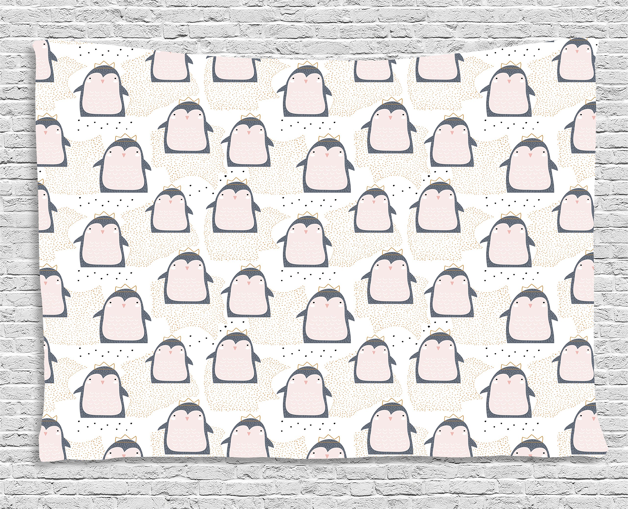 Ambesonne Penguin Tapestry - Pastel Cartoon Antarctic Animals with Crowns on Dotted Background | 80x60 Inch Grey Pink Wall Hanging Decor for Bedroom, Living Room, Dorm | Perfect for Nursery, Kids Room & Winter Themed Decorations