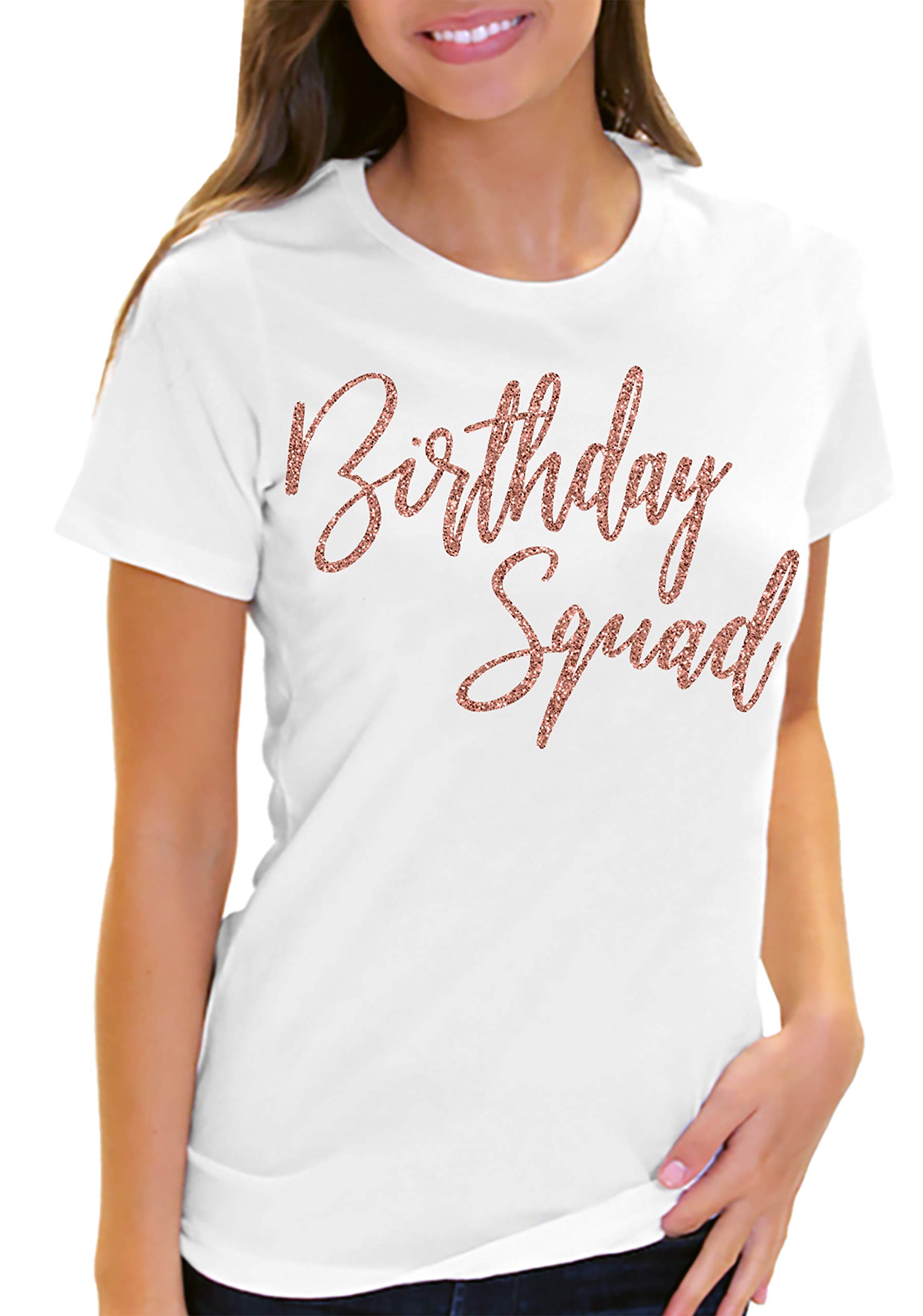 Women's Birthday Squad T-Shirt - Glam Rose Gold Party Tee - Small Black Crewneck Top for Bachelorette, Girls Night Out & Birthday Celebrations