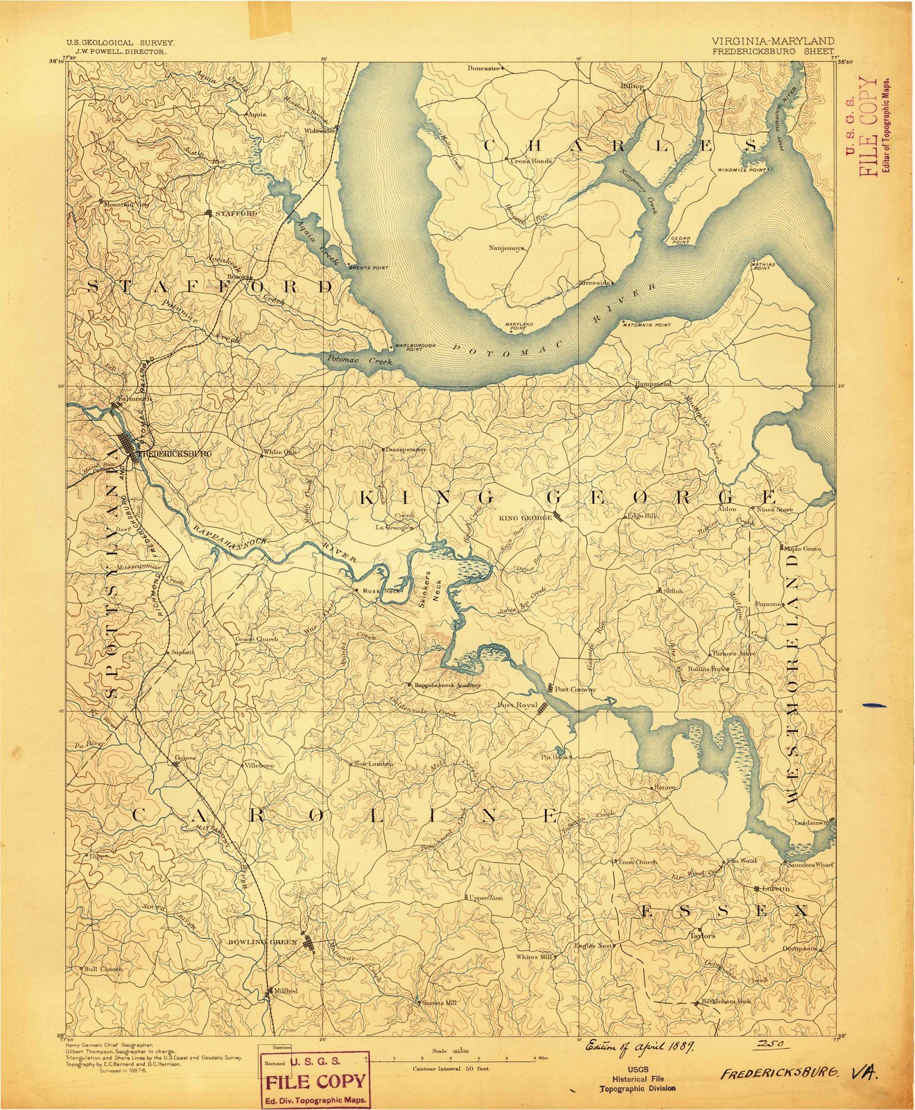1889 Fredericksburg VA Historical USGS Topographic Map - Large 44x55 Inch Vintage Wall Art Decor for Home, Office & Classroom | Virginia Maps Collection