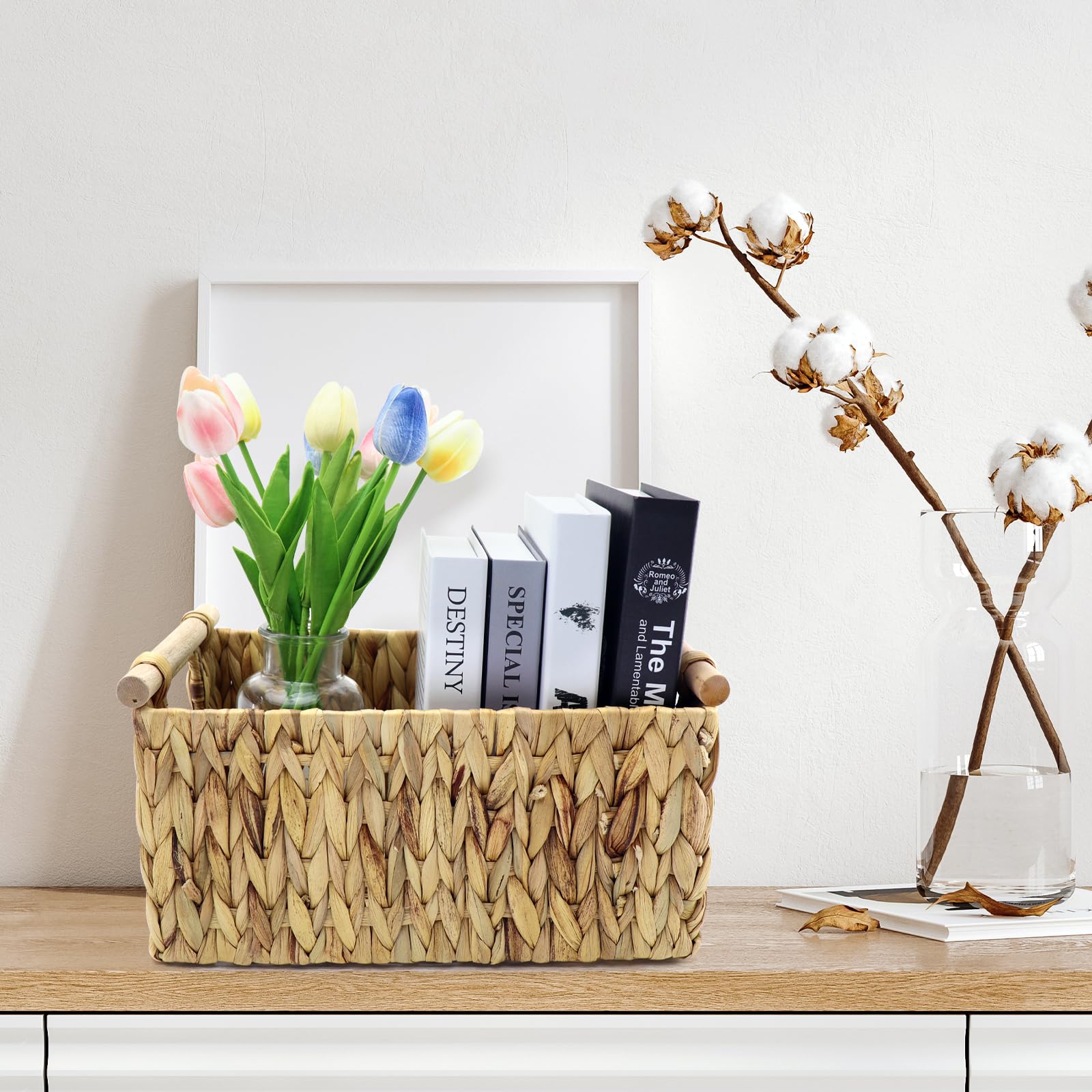Natural Water Hyacinth Storage Basket with Handles - Large Woven Rattan Organizer for Shelves, Closet, Kitchen & Bathroom - Perfect for Home Decor, Toilet Tank Storage & Cabinet Organization